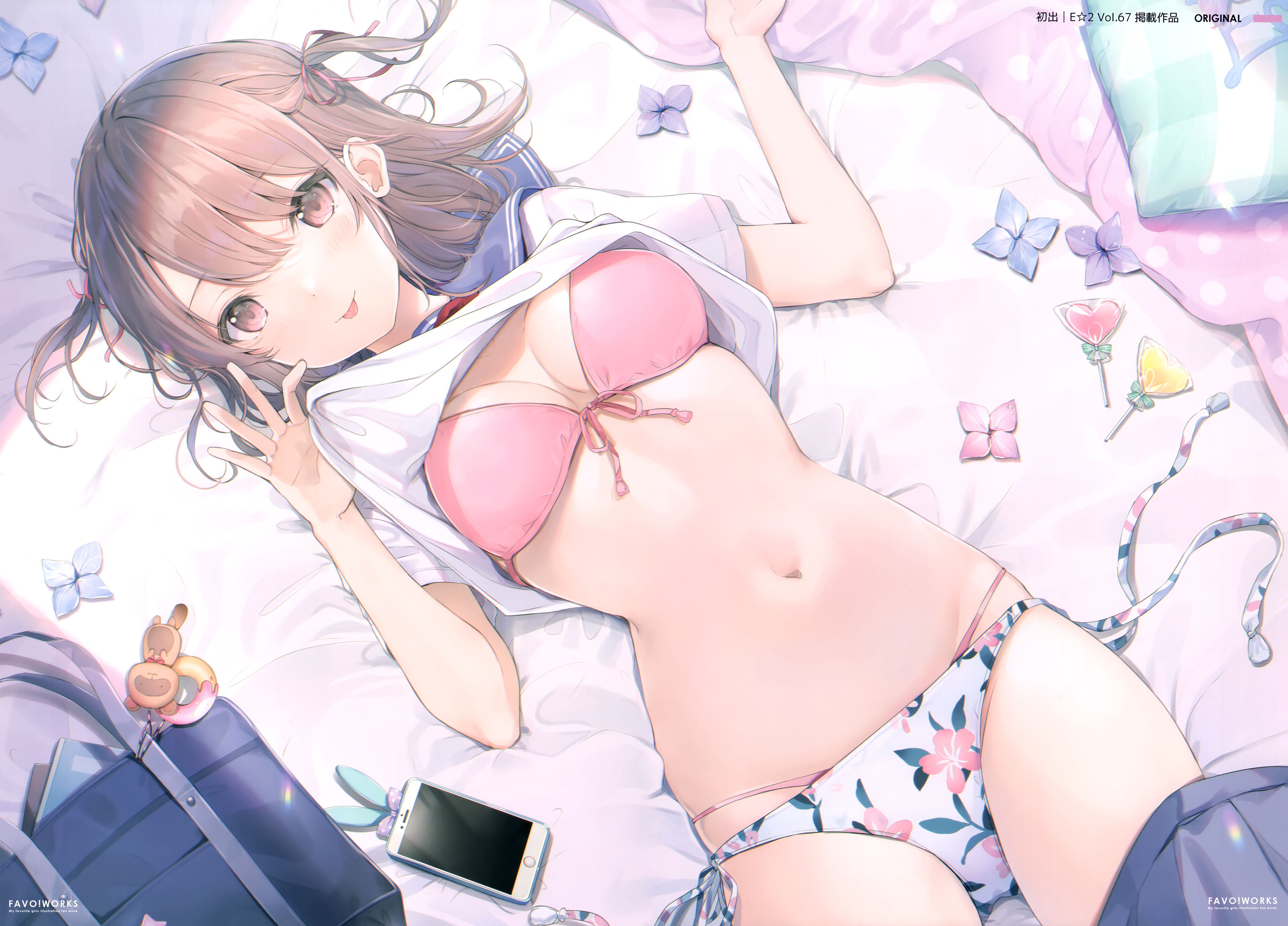 Anime 4818x3465 anime anime girls bikini lifting shirt tongue out lying down lying on back phone looking at viewer short hair flowers bag pillow Japanese big boobs cleavage schoolgirl school uniform belly belly button