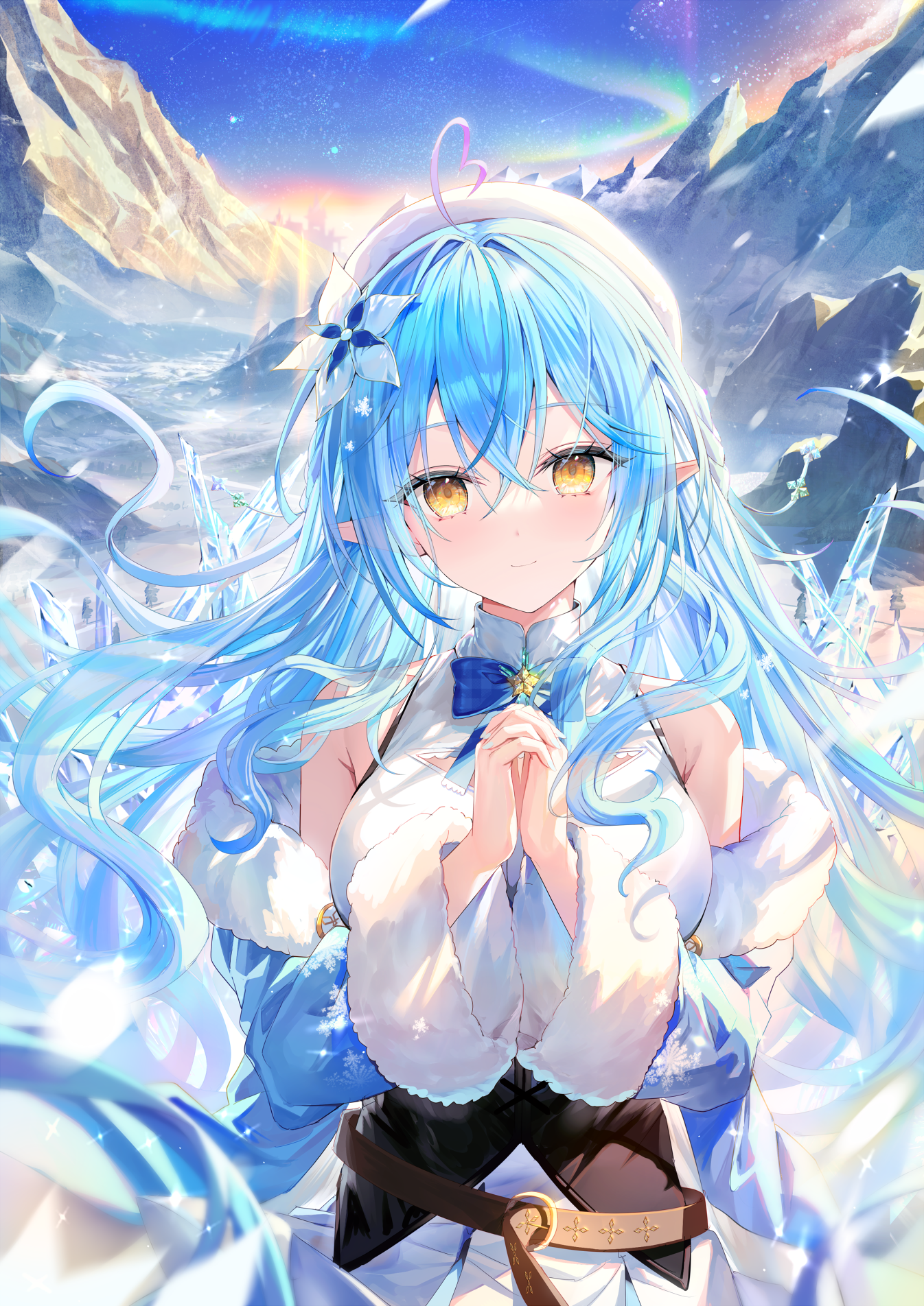 Anime 1346x1904 Pixiv anime Yukihana Lamy Hololive Virtual Youtuber long hair portrait display aurorae looking at viewer bow tie blue hair yellow eyes pointy ears smiling flower in hair anime girls blushing mountains sky