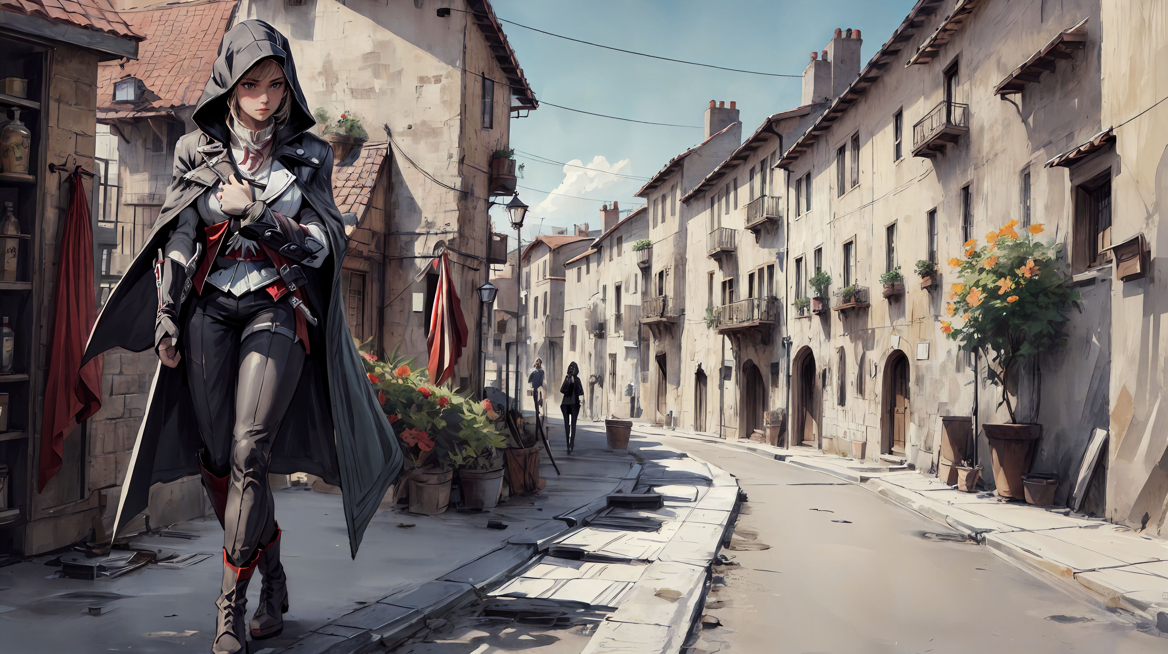 General 4000x2240 AI art women Assassin's Creed standing walking building sidewalks flowers plants hoods looking at viewer blonde digital art