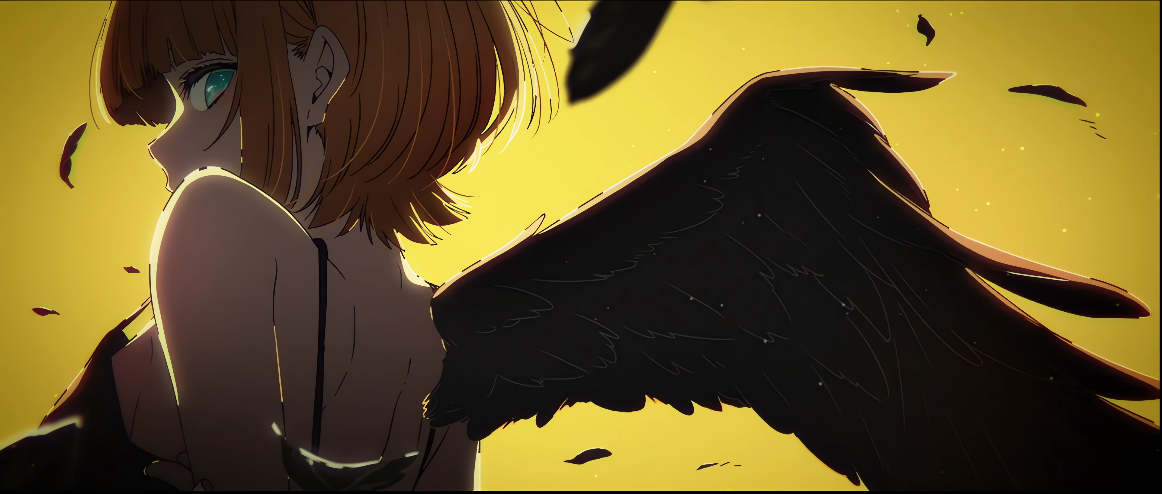 Anime 3848x1636 Oshi no Ko Mem-Cho looking at viewer wings anime girls minimalism yellow background simple background