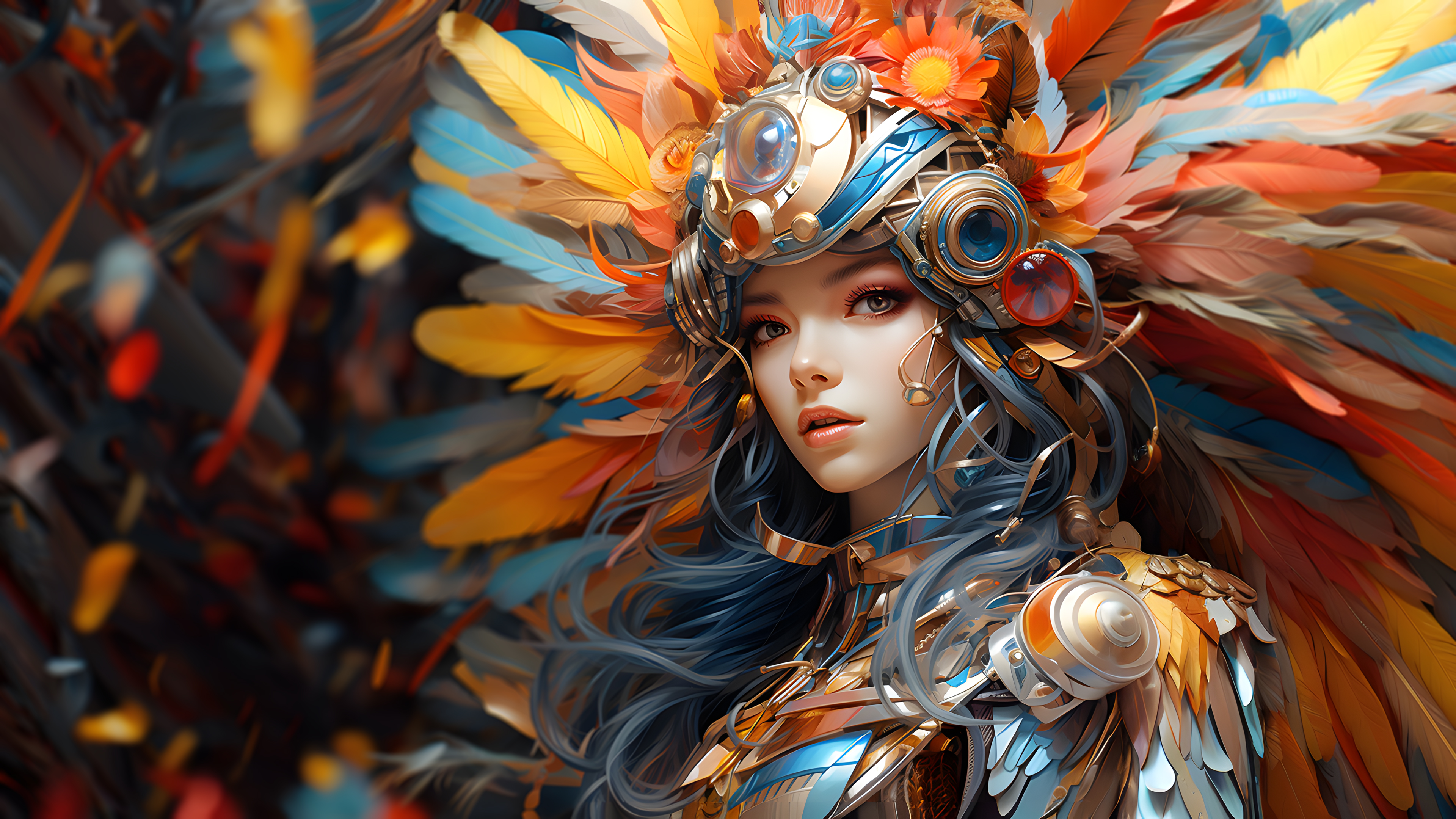 General 3840x2160 women AI art feathers looking at viewer blurred blurry background digital art