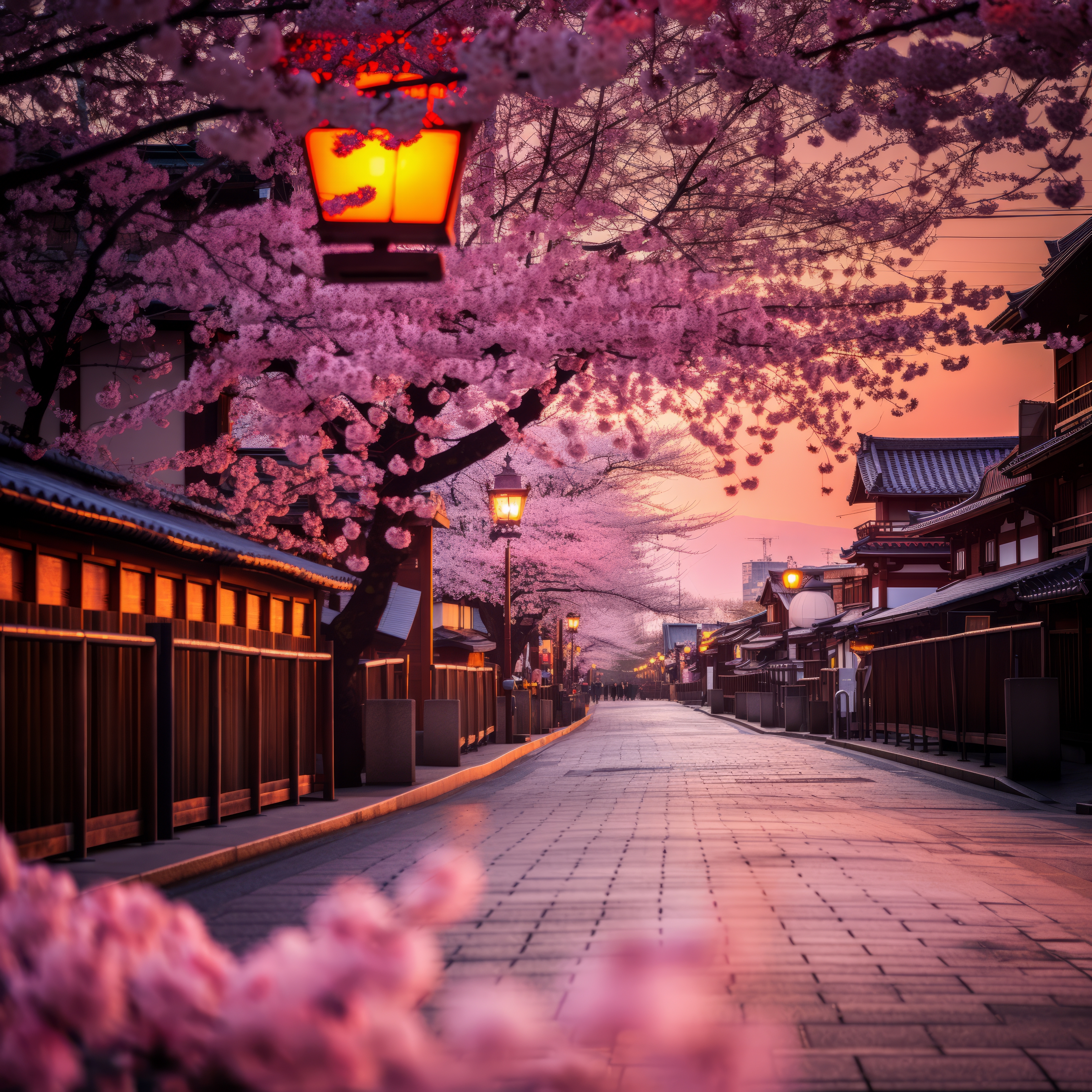 General 3072x3072 AI art Kyoto sunset lantern cherry blossom digital art