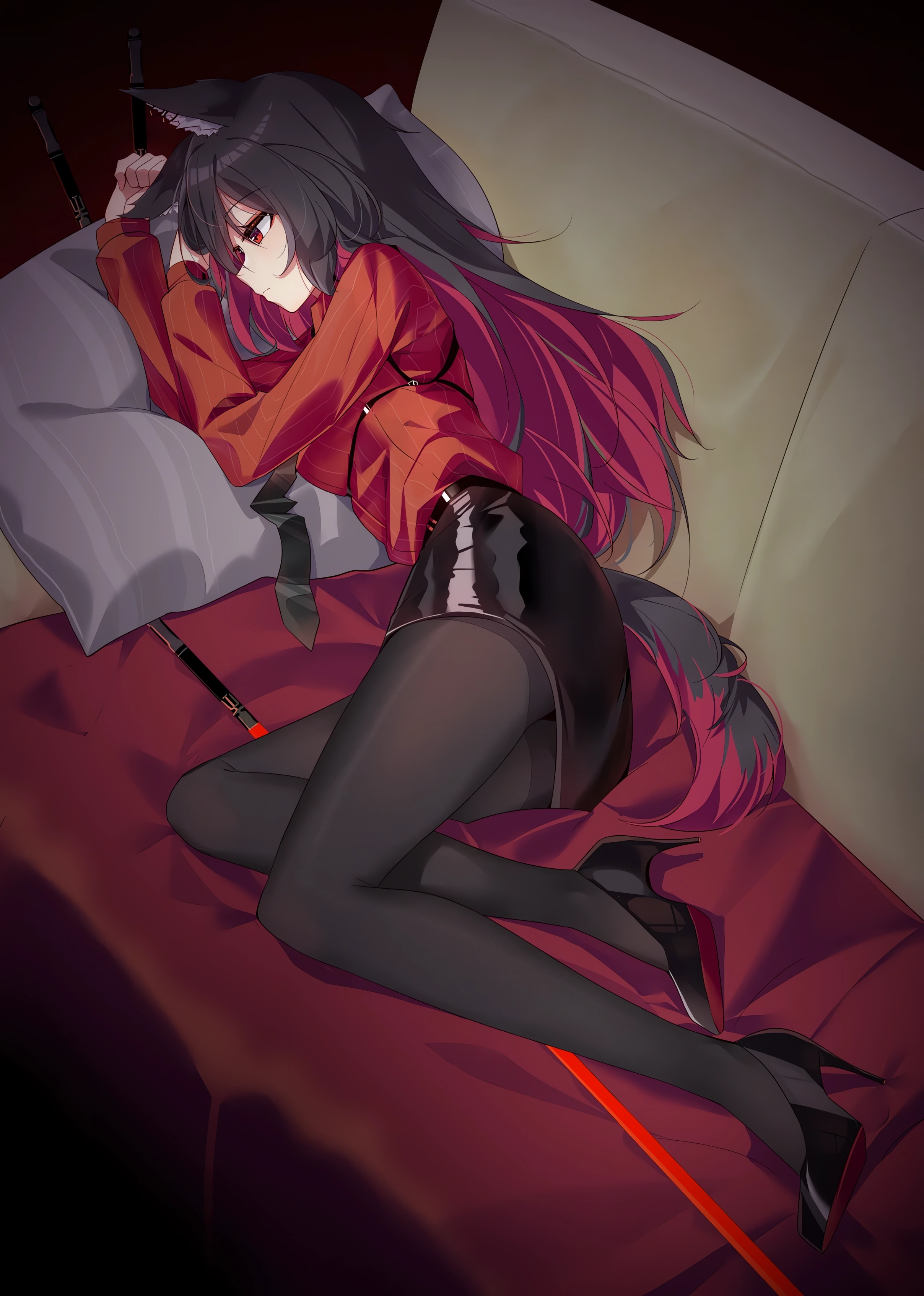 Anime 2416x3388 anime anime girls portrait display two tone hair long hair lying on side heels pantyhose pillow couch wolf girls wolf ears wolf tail red eyes tie Arknights Texas (Arknights)