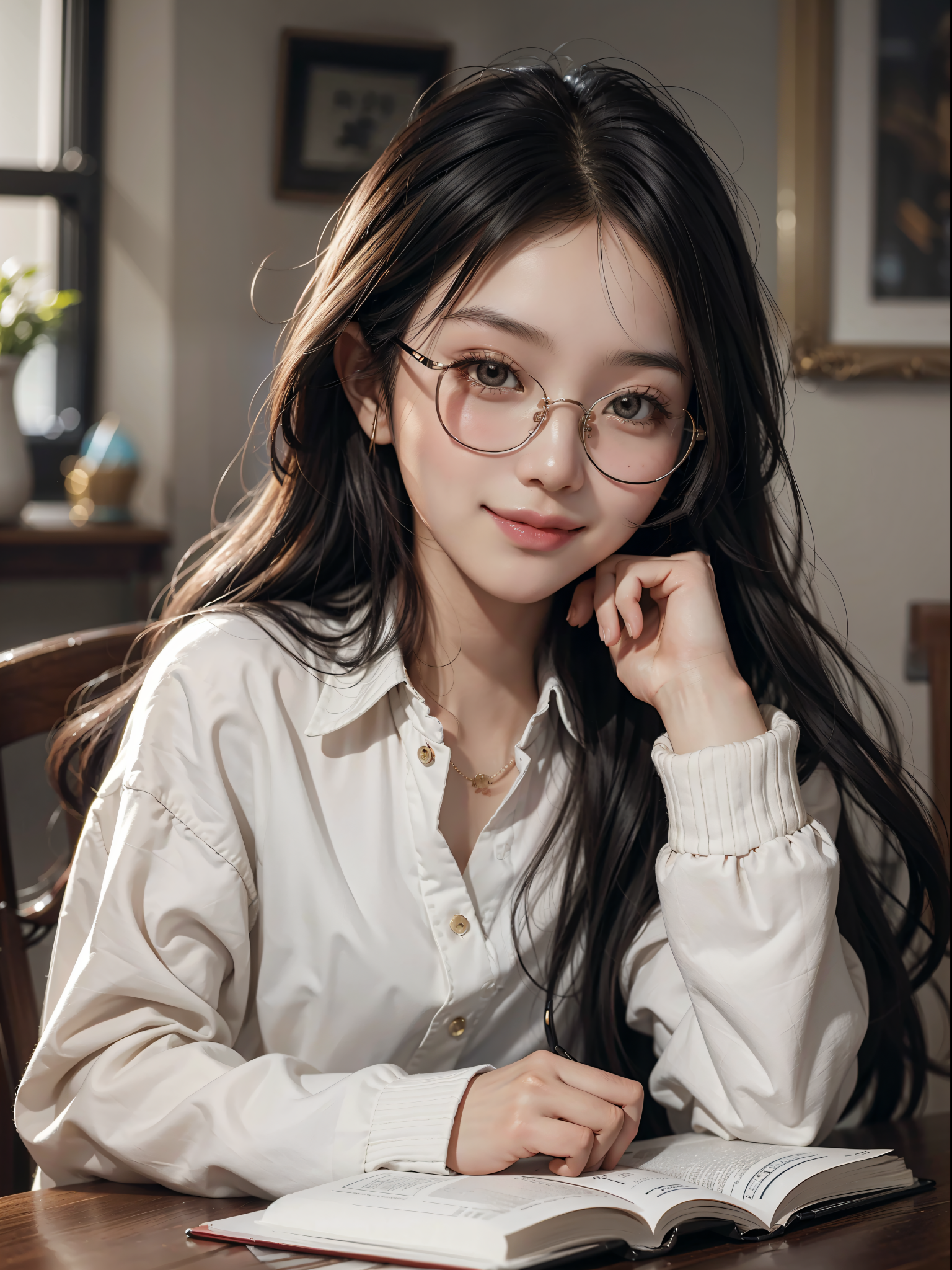 General 1536x2048 AI art dress Asian women portrait display long hair glasses sitting smiling looking at viewer chair window blurred blurry background