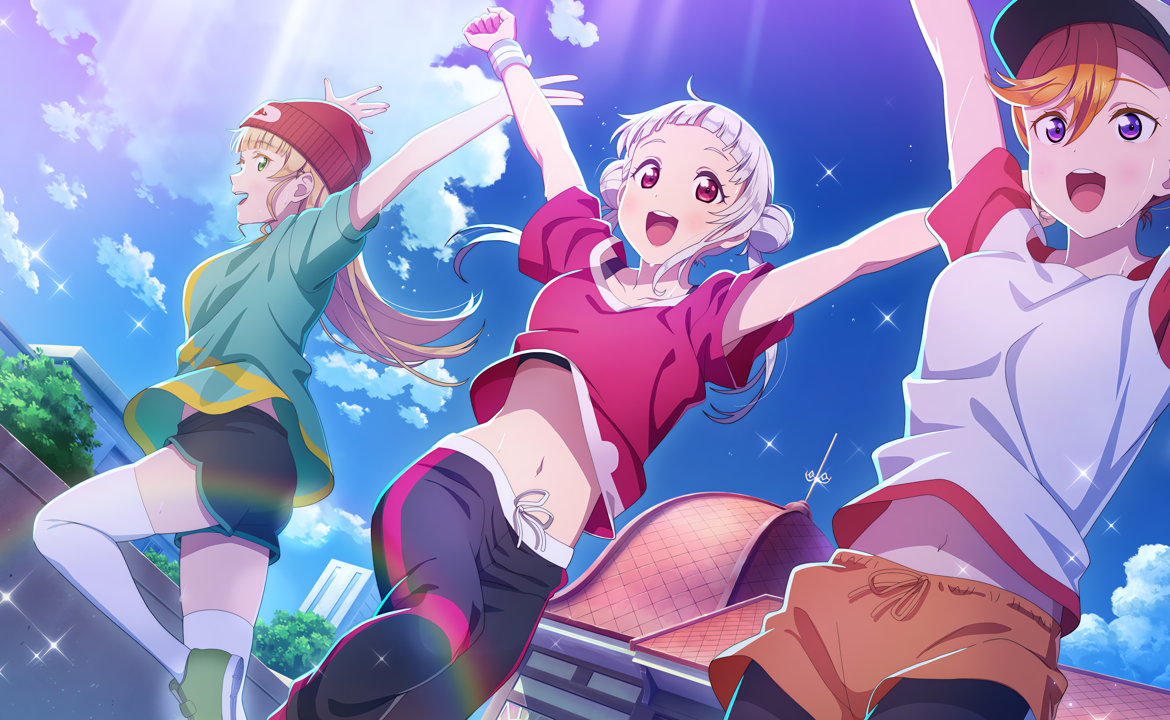 Anime 4096x2520 Arashi Chisato Love Live! Love Live! Super Star!! anime anime girls sky clouds rainbows stars belly button sweat short shorts jumping hat looking at viewer building