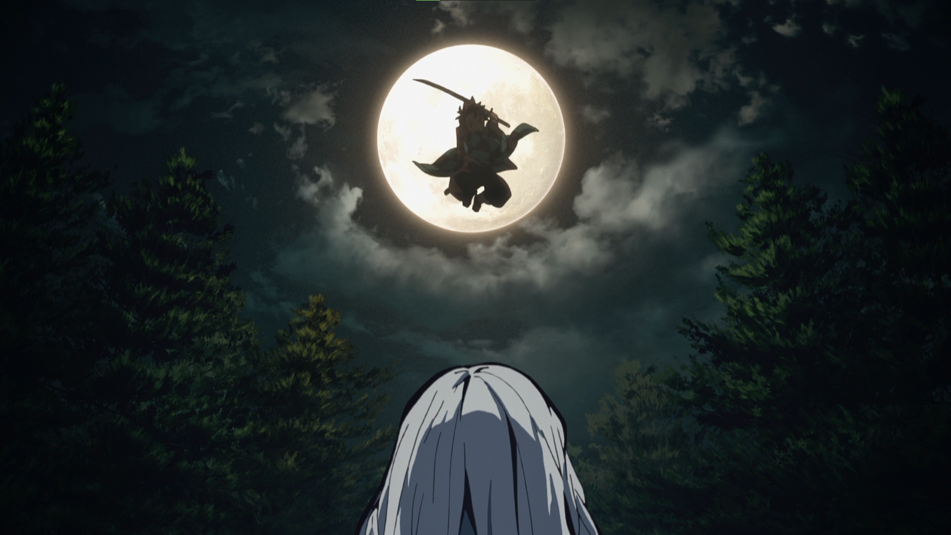 Anime 1920x1080 Kimetsu no Yaiba Kamado Tanjiro demon sword Moon forest trees anime Anime screenshot anime boys clouds sky anime girls night