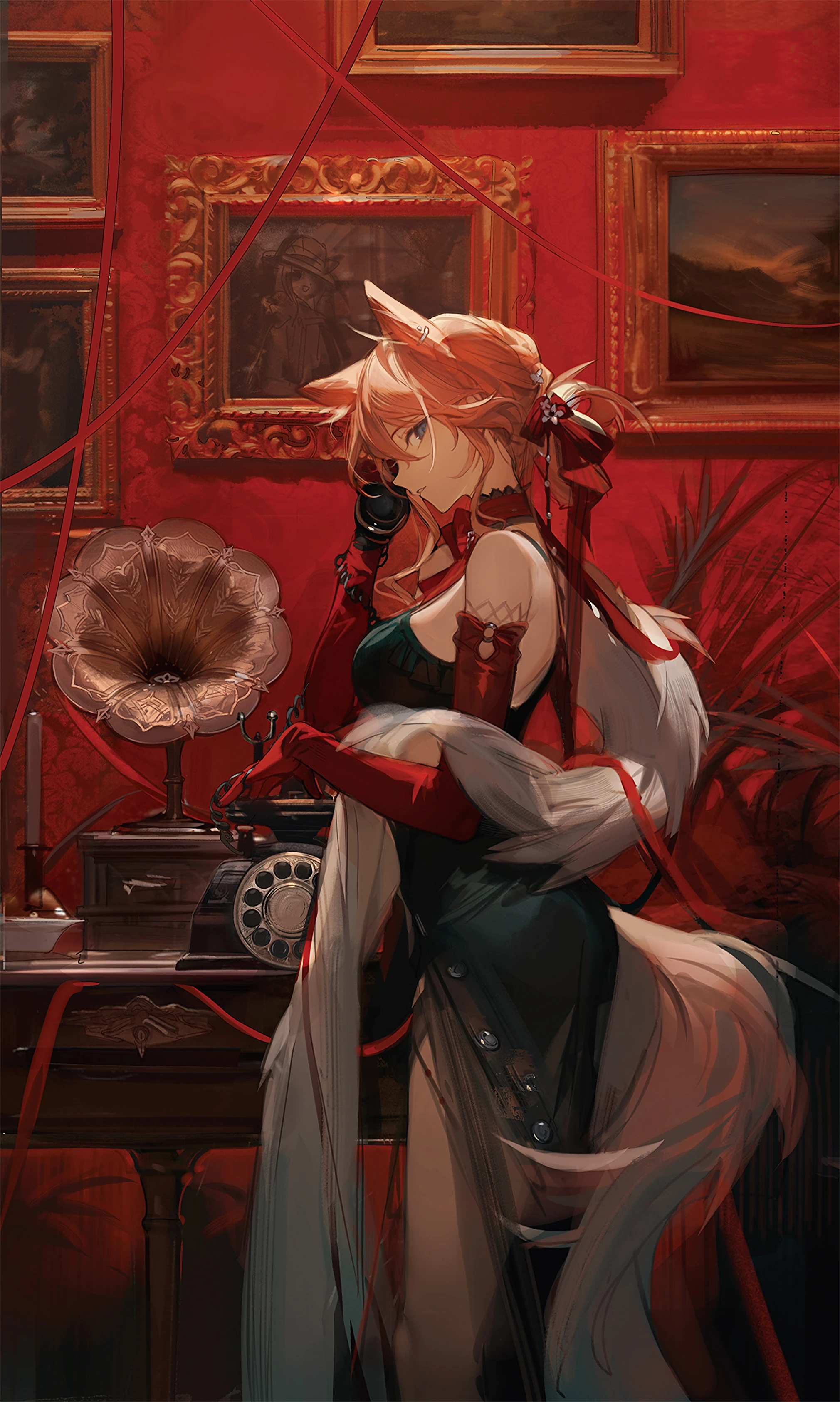 Anime 2020x3370 anime anime girls portrait display fox girl fox ears fox tail looking at viewer standing picture frames leaves elbow gloves dress Arknights Heidi (Arknights)
