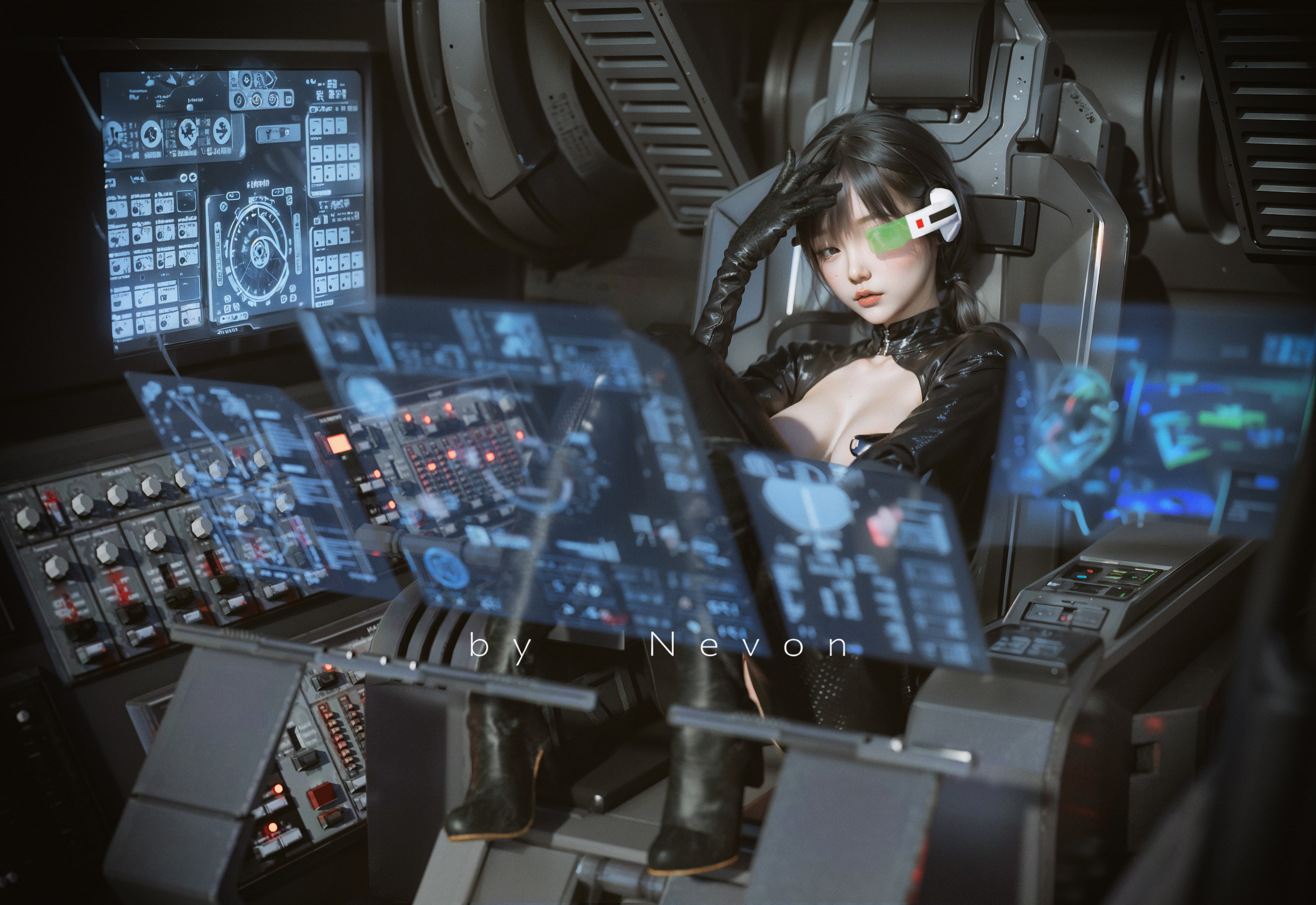 General 4000x2750 Nevon digital art artwork illustration CGI women science fiction futuristic dark hair black bodysuit Asian sitting looking at viewer