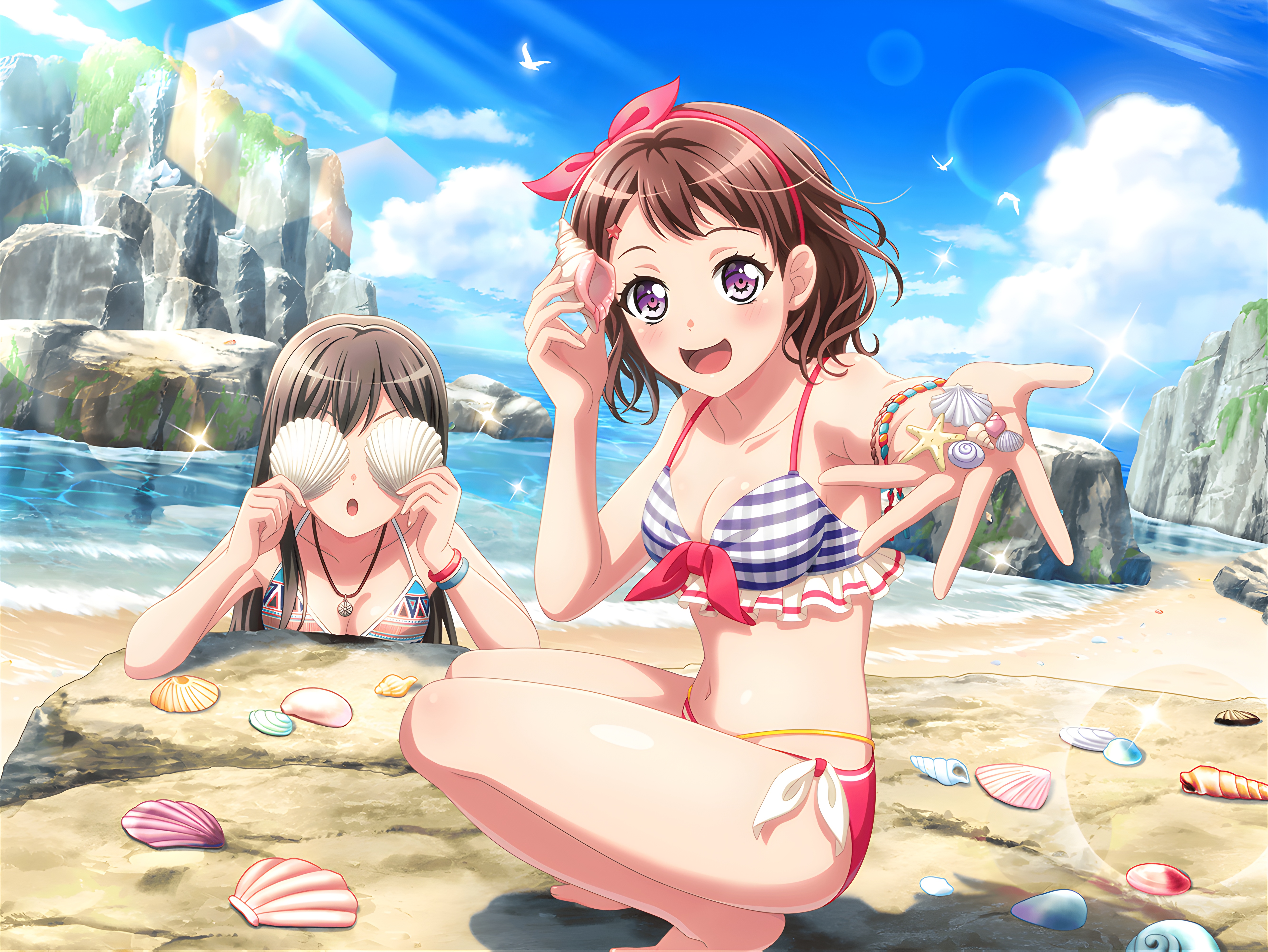 Anime 5336x4008 BanG Dream! anime anime girls Toyama Kasumi swimwear bikini arms reaching looking at viewer water waves sky clouds squatting necklace seashore blushing belly belly button stars sunlight