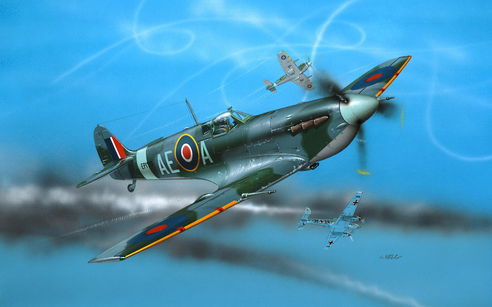 General 1680x1050 aircraft war flying sky military smoke military vehicle artwork Supermarine Spitfire Royal Air Force World War II dogfight