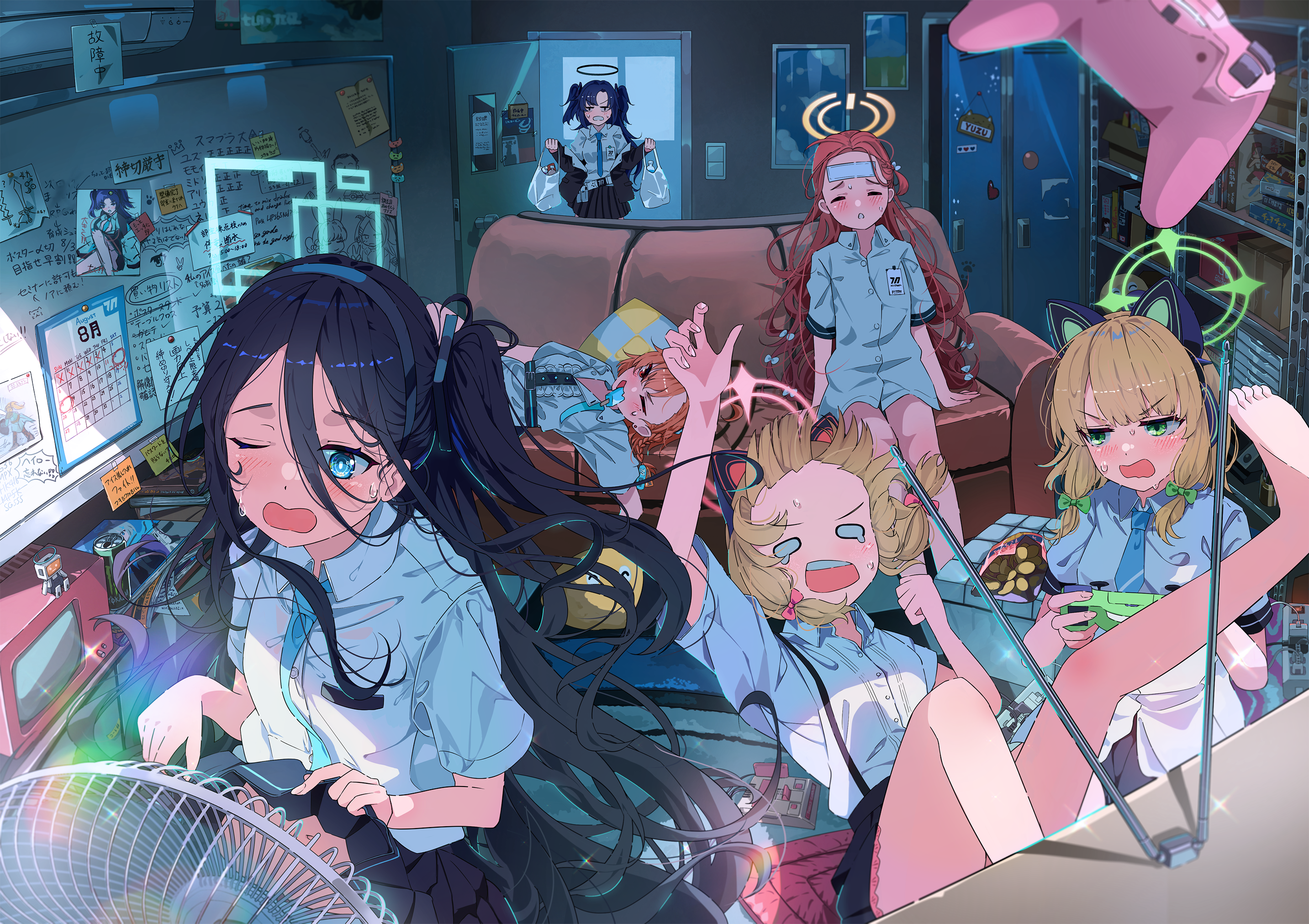 Anime 2866x2023 anime anime girls schoolgirl school uniform Blue Archive fans one eye closed sweat long hair controllers blushing Japanese couch popsicle loli