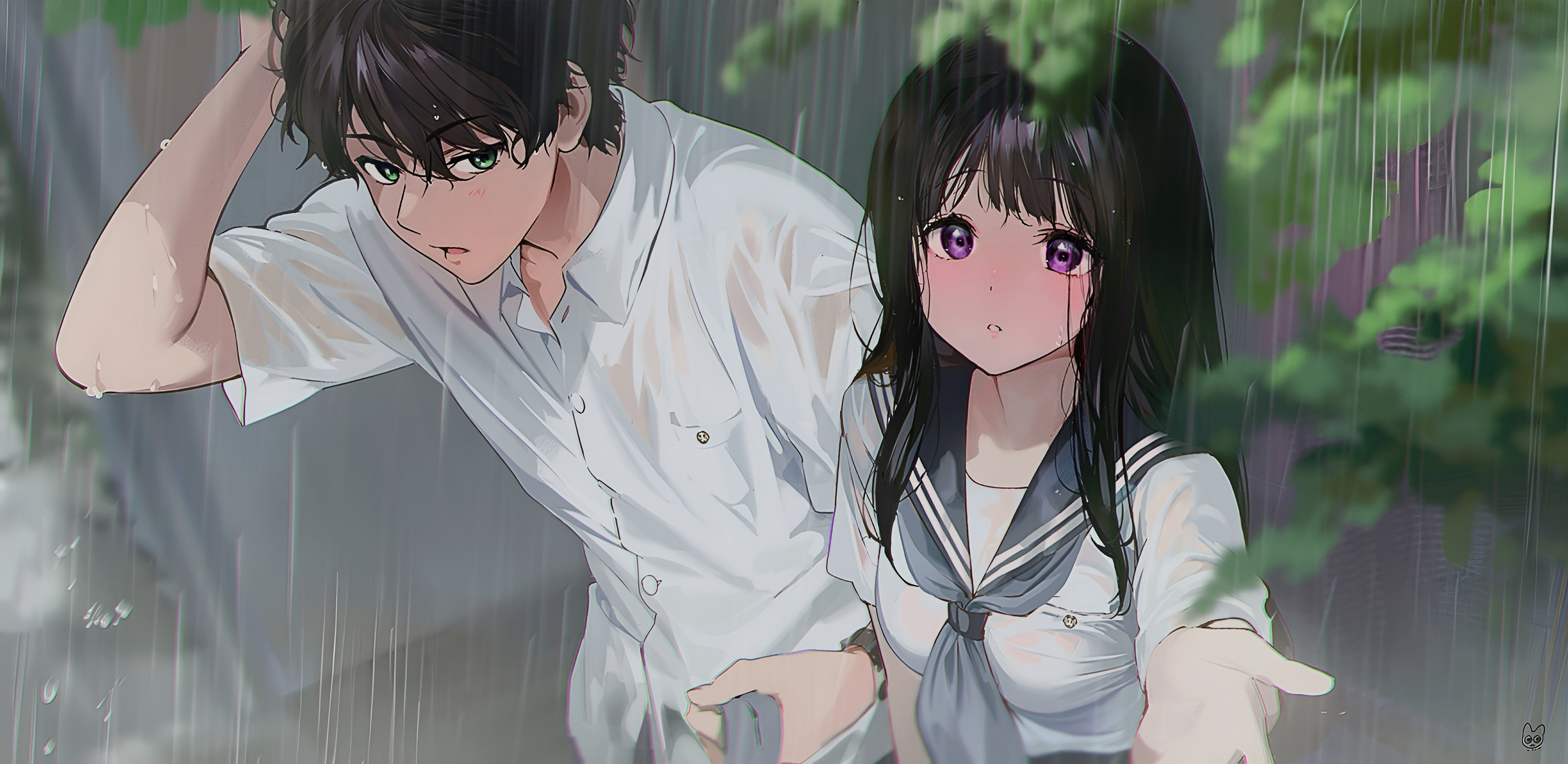Anime 3840x1873 Hyouka Mery (artist) anime rain anime girls anime boys schoolboys schoolgirl school uniform long hair looking at viewer wet wet clothing Chitanda Eru Oreki Houtarou