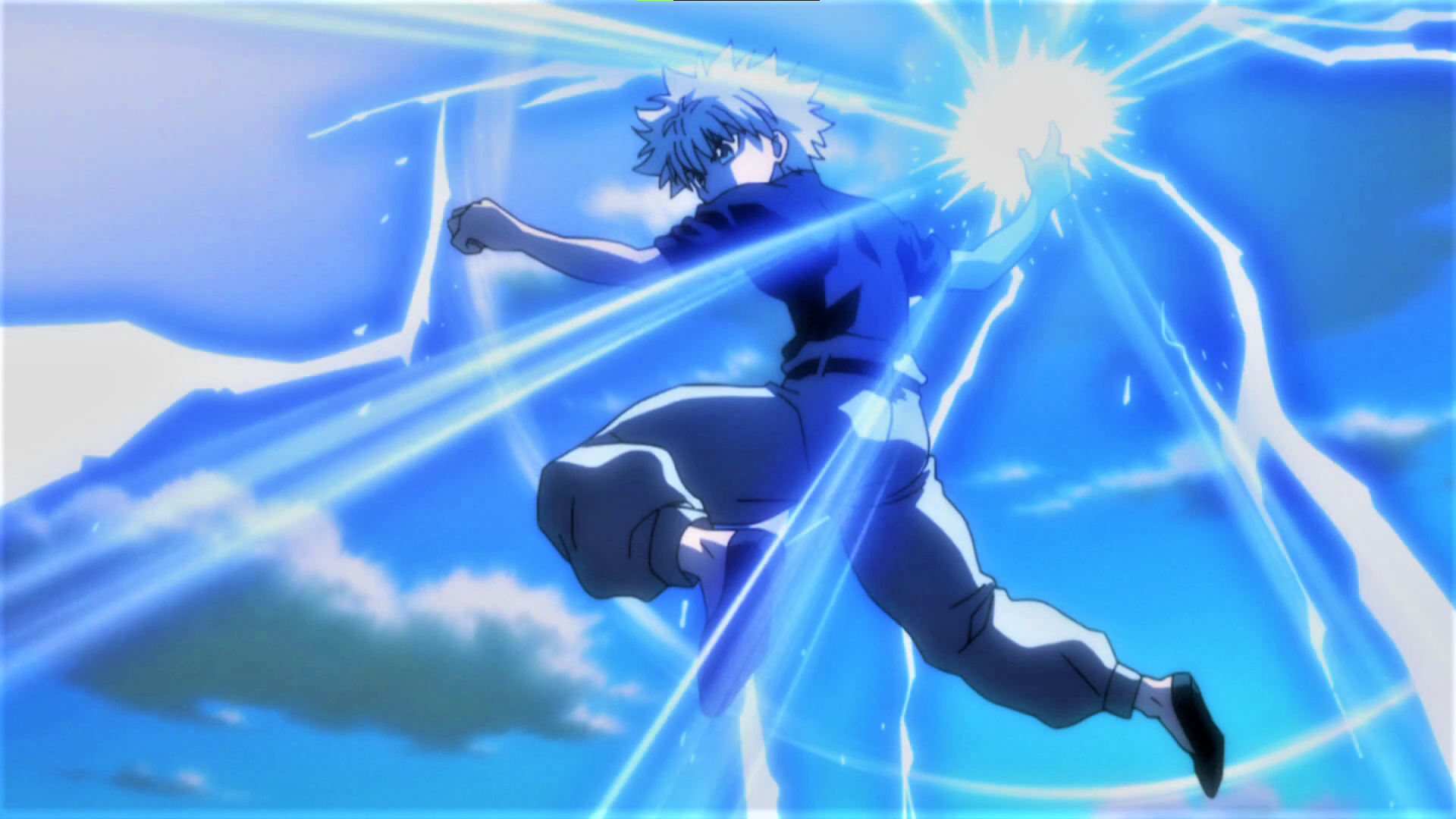 Anime 1920x1080 Hunter x Hunter lightning Killua Zoldyck white hair sky clouds anime Anime screenshot anime boys