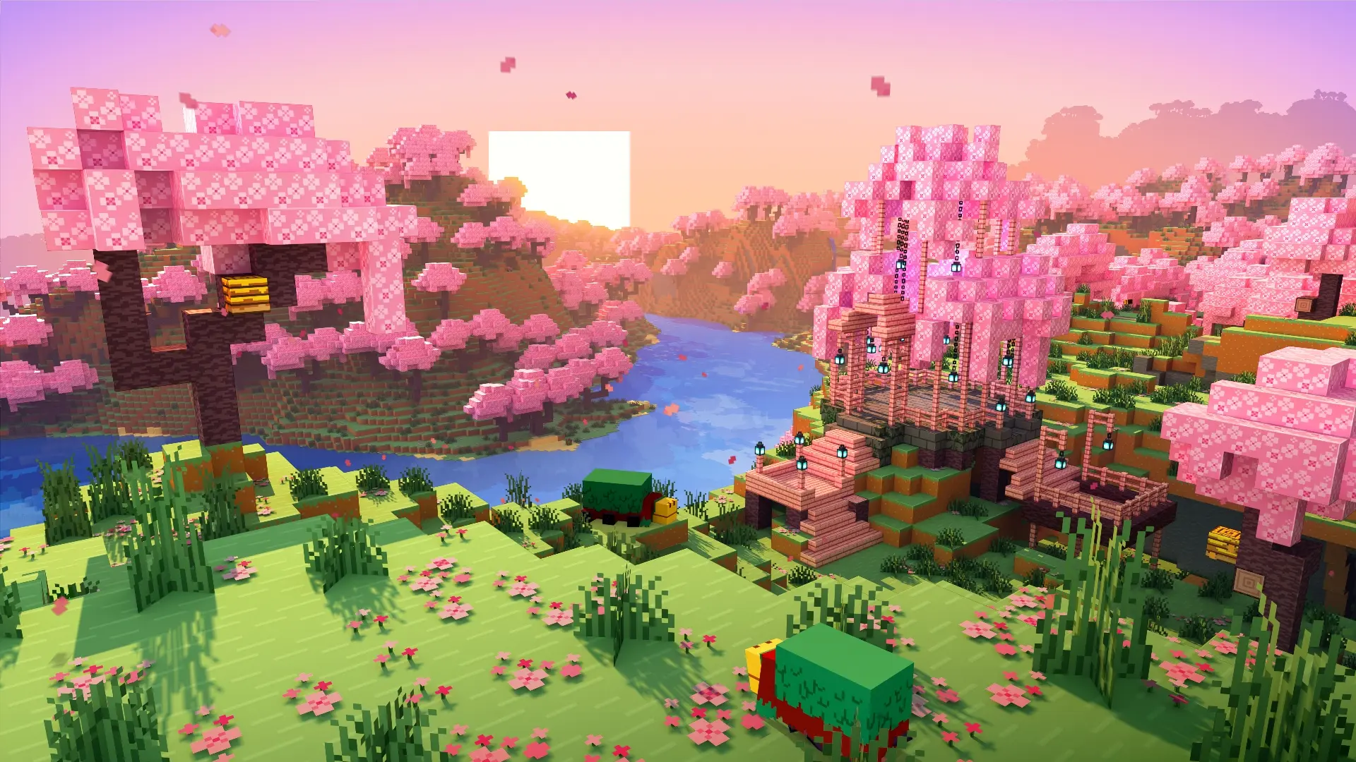 General 1920x1080 Minecraft Mojang video games cube water flowers trees Sun video game landscape