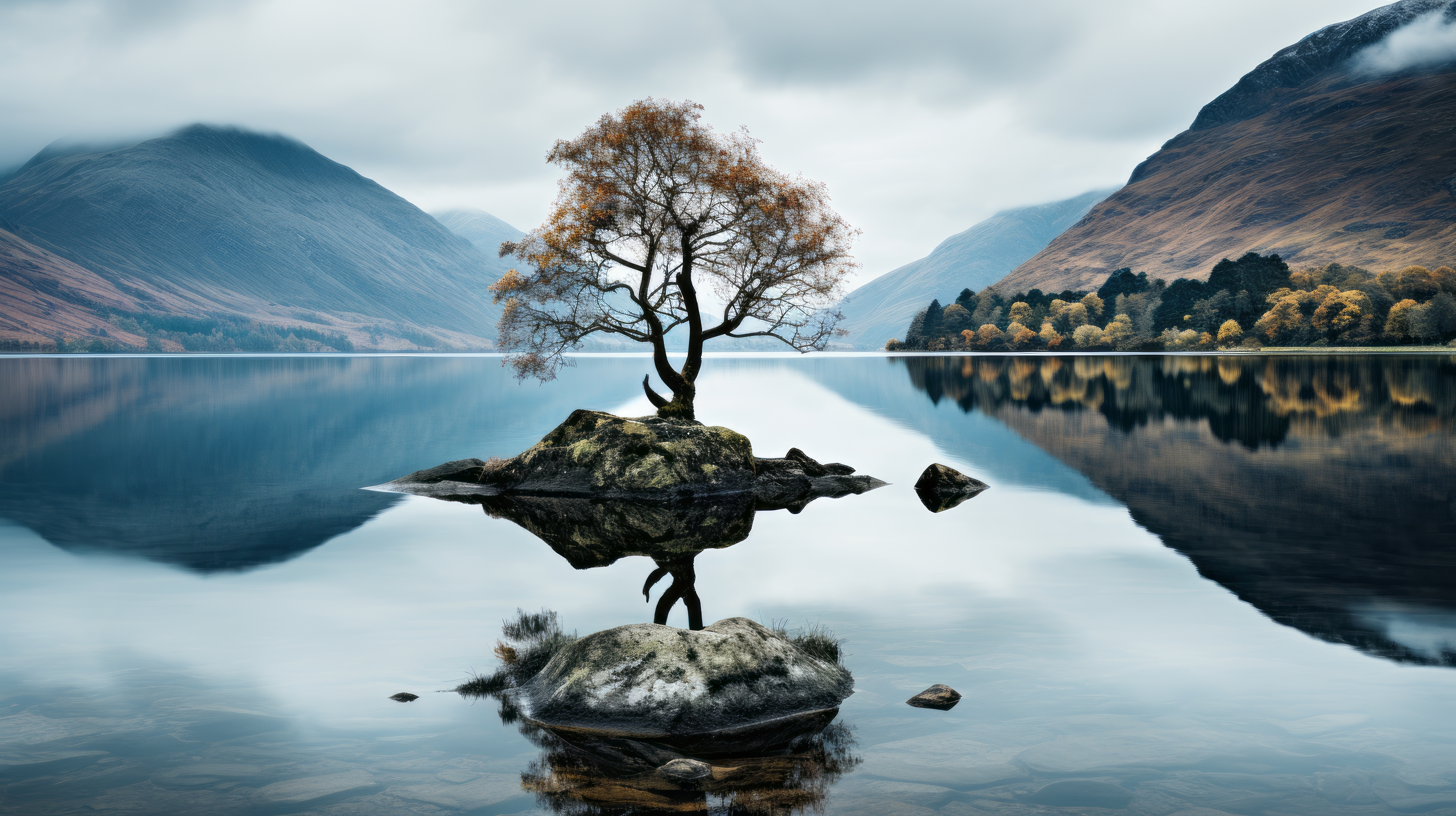 General 2912x1632 AI art trees nature lake reflection mountains water clouds