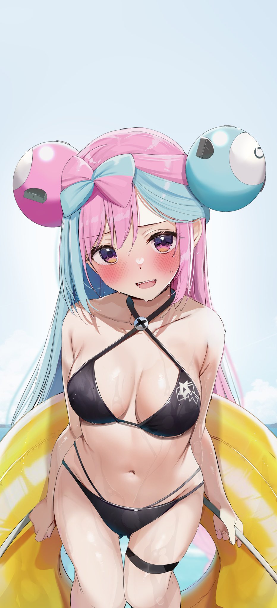 Anime 932x2048 anime anime girls Pokémon Iono Pokemon Scarlet & Violet bikini floater blushing open mouth two tone hair long hair portrait display Rouka big boobs minimalism simple background blue background wet wet body looking at viewer water