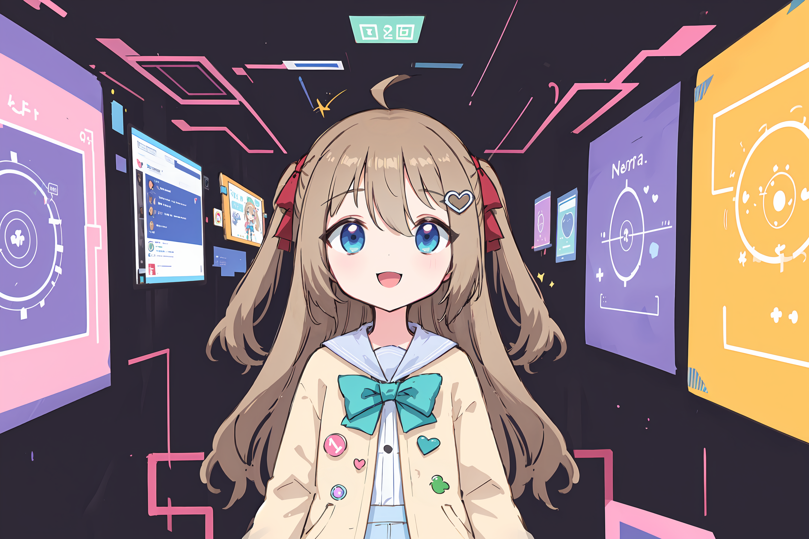 Anime 2700x1800 Neuro Sama loli long hair schoolgirl anime girls Virtual Youtuber AI art simple background looking at viewer bow tie blue eyes school uniform