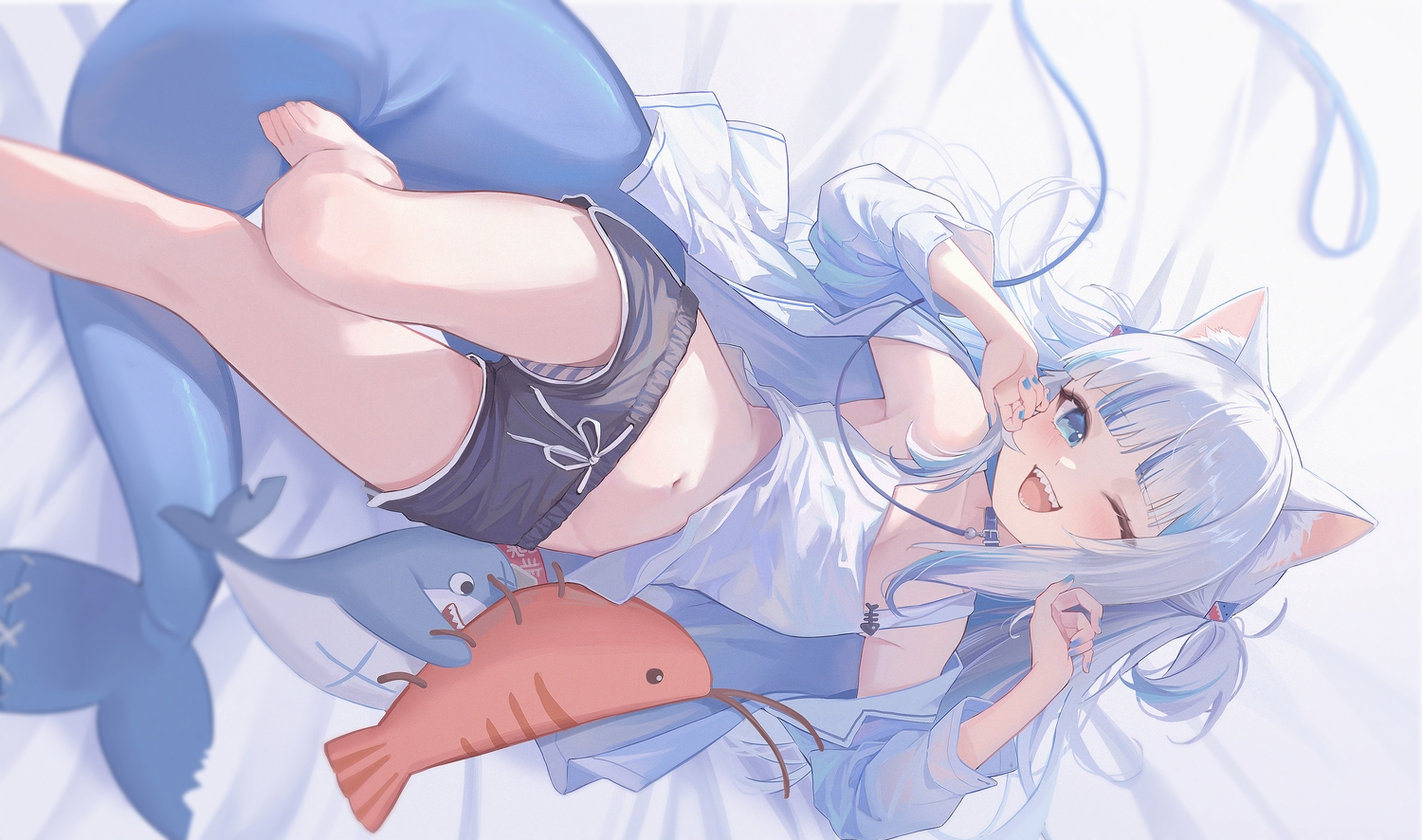 Anime 1500x886 anime anime girls Gawr Gura loli cat ears shark tail shark teeth belly button blue eyes lying on back bed looking at viewer pet collar Virtual Youtuber Hololive one eye closed short shorts two tone hair leash blushing panties cat girl animal ears belly