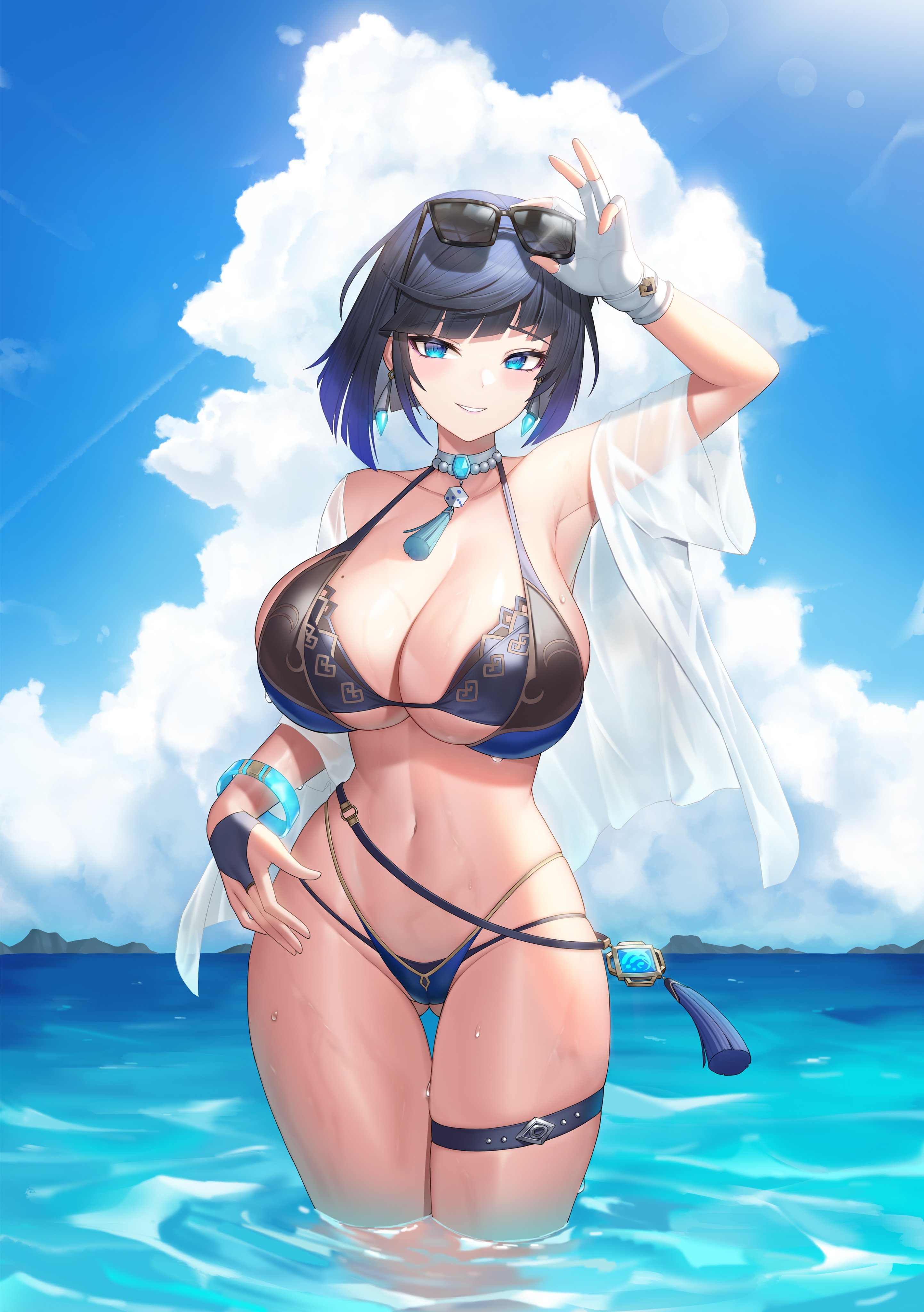 Anime 2886x4096 Genshin Impact swimwear Yelan (Genshin Impact) sky huge breasts cleavage looking at viewer bikini standing in water water thigh strap blue bikini black hair two tone hair belly button outdoors belly gradient hair white shirt open shirt skindentation wet body blue eyes sunglasses morung see-through shirt choker wet swimsuit smiling mole on breast moles one arm up armpits cumulus sunlight gloves fingerless gloves wet