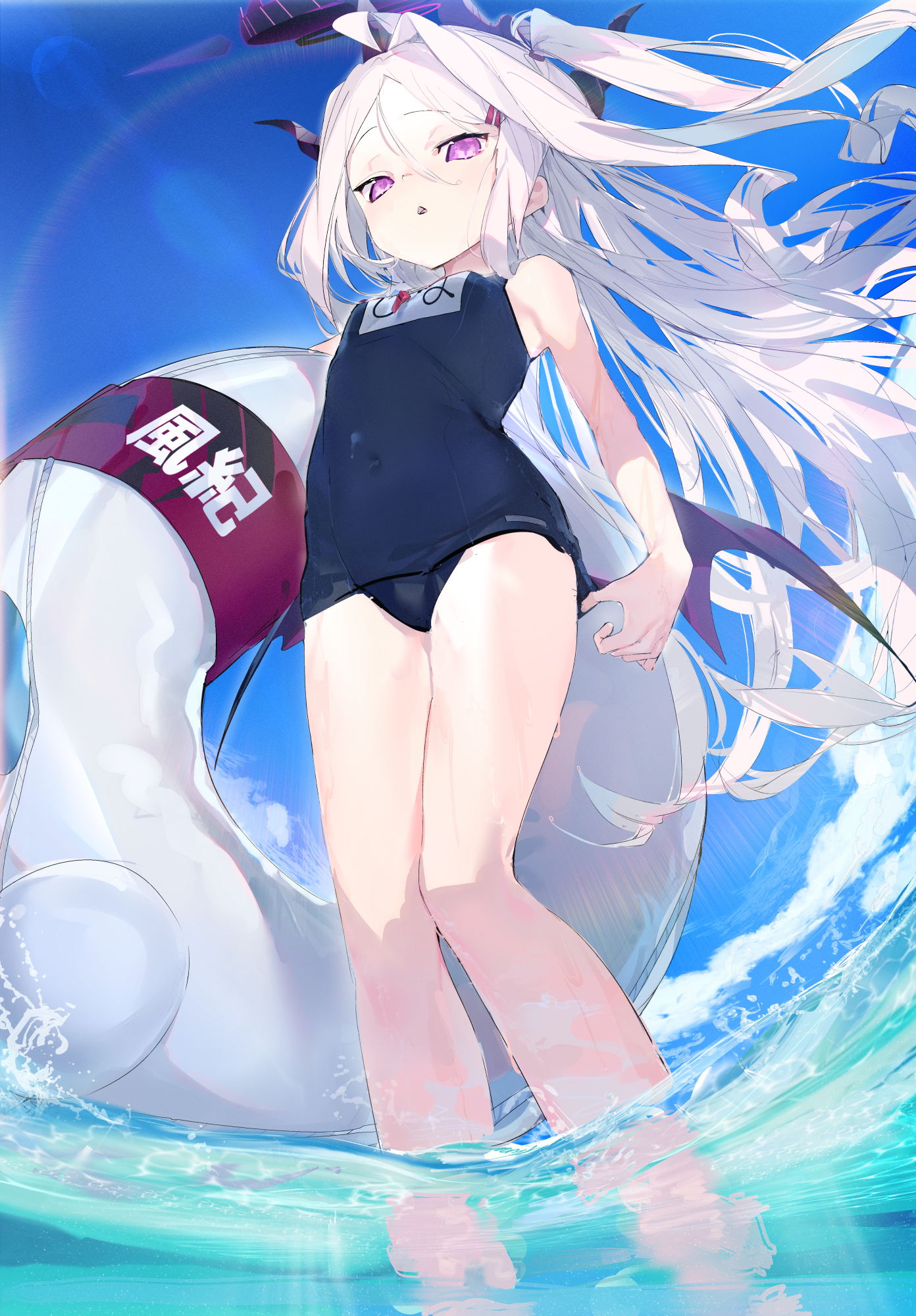Anime 1392x2000 anime girls Blue Archive fan art white hair long hair swimwear school swimsuits anime girl with wings Sorasaki Hina (Blue Archive) clouds portrait display purple eyes water standing in water floater horns