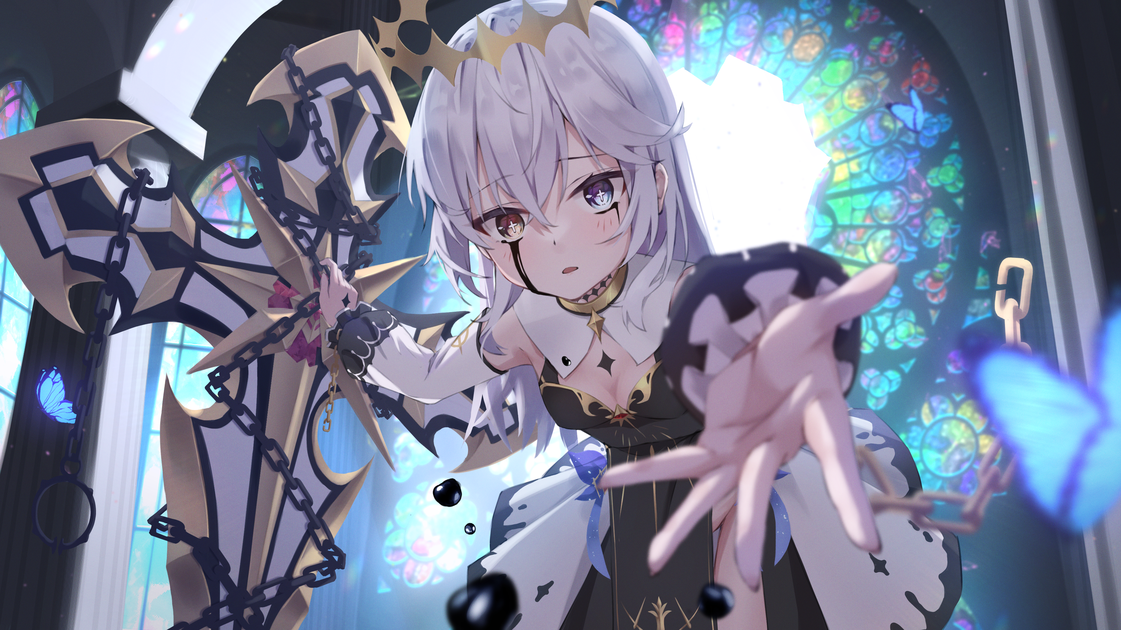 Anime 3840x2160 anime anime girls heterochromia butterfly arms reaching long hair looking at viewer star eyes stained glass weapon chains white hair insect
