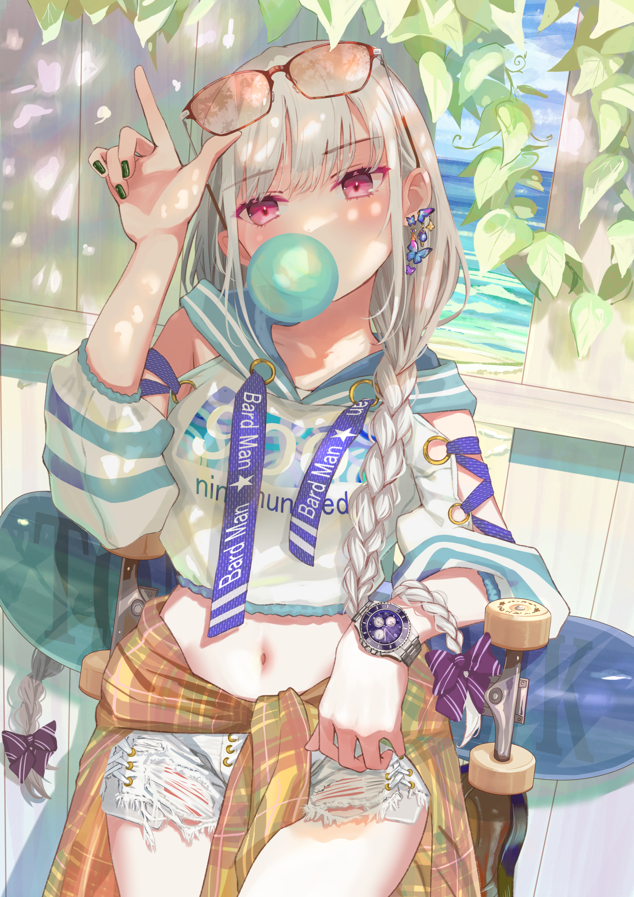 Anime 2026x2865 anime anime girls portrait display bubble gum leaves looking at viewer braids belly button watch bow tie earring twintails sunglasses