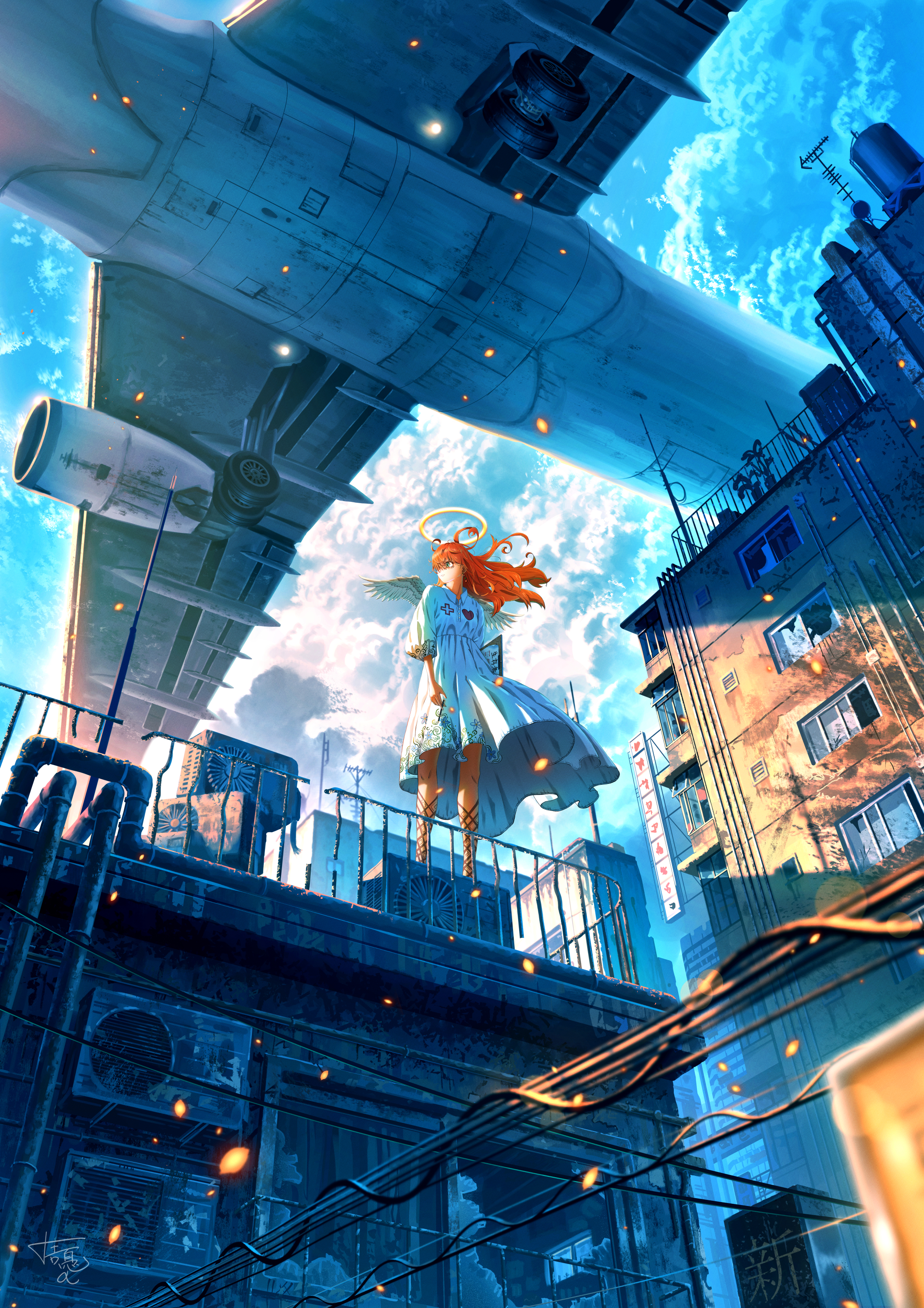 Anime 2120x3000 Shuu Illust low-angle portrait display sky cumulus clouds airplane anime girls angel halo looking away redhead building city white dress dress hair over one eye angel wings wings long hair wires antenna sunlight