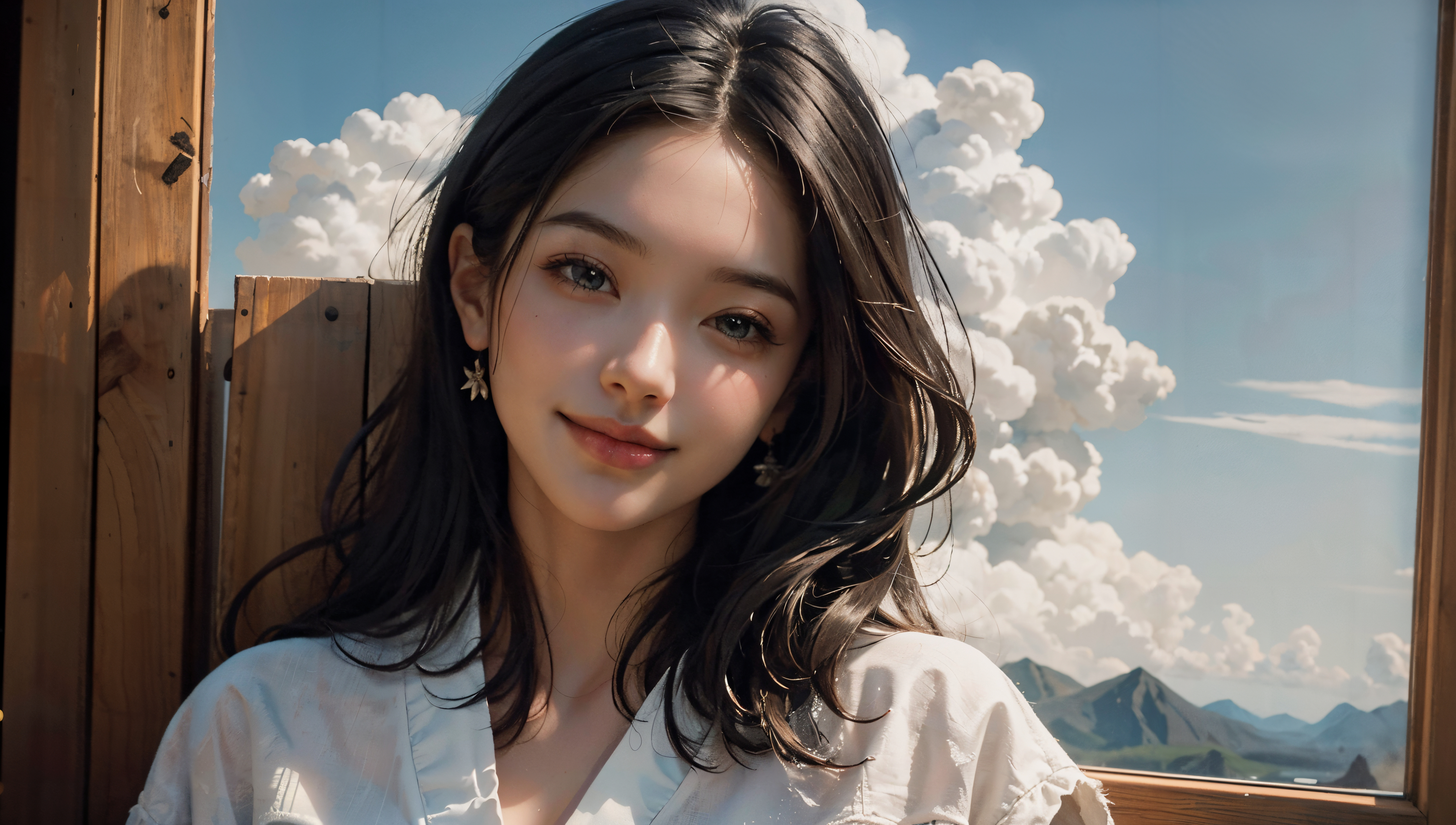 General 3840x2176 AI art women smiling clouds dark hair Asian looking at viewer sky earring mountains