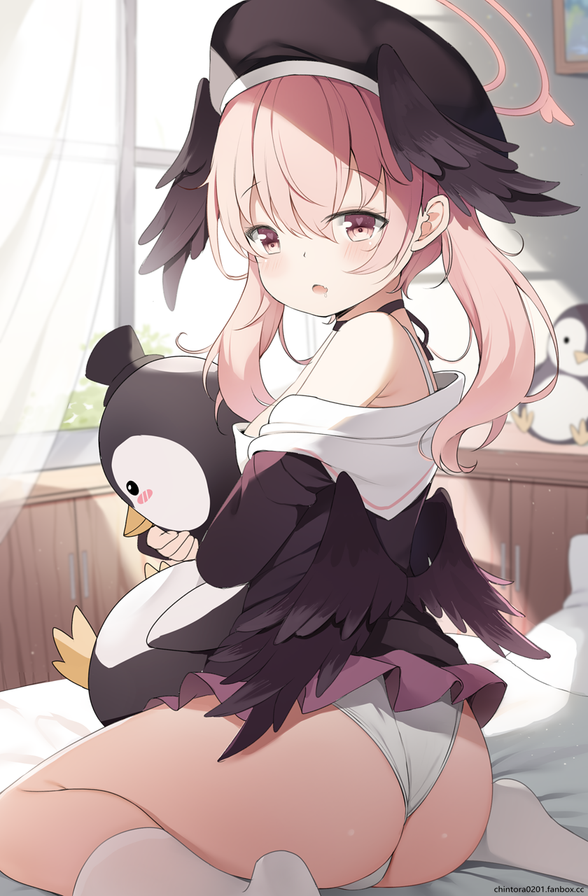 Anime 840x1280 Chin Blue Archive anime girls pink eyes portrait display ass panties hat pink hair socks looking at viewer window curtains wings penguins