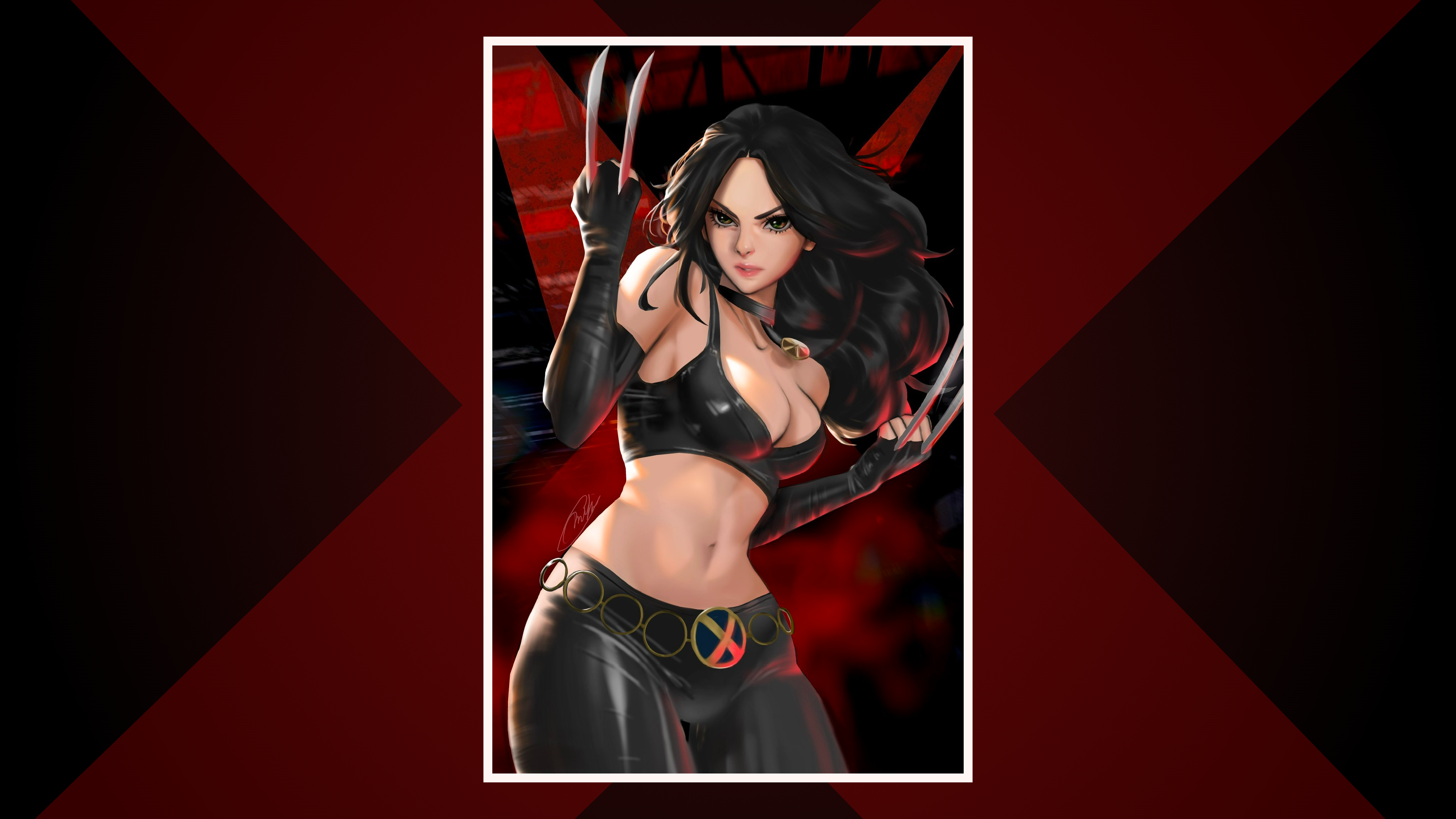 Anime 4096x2304 X-23 (Character) X-Men Marvel Comics Mutants X-Men comics leather pants  bare midriff belly belly button boobs cleavage claws adamantium black hair long hair elbow gloves elbows arm warmers black bras looking at viewer Laura Kinney