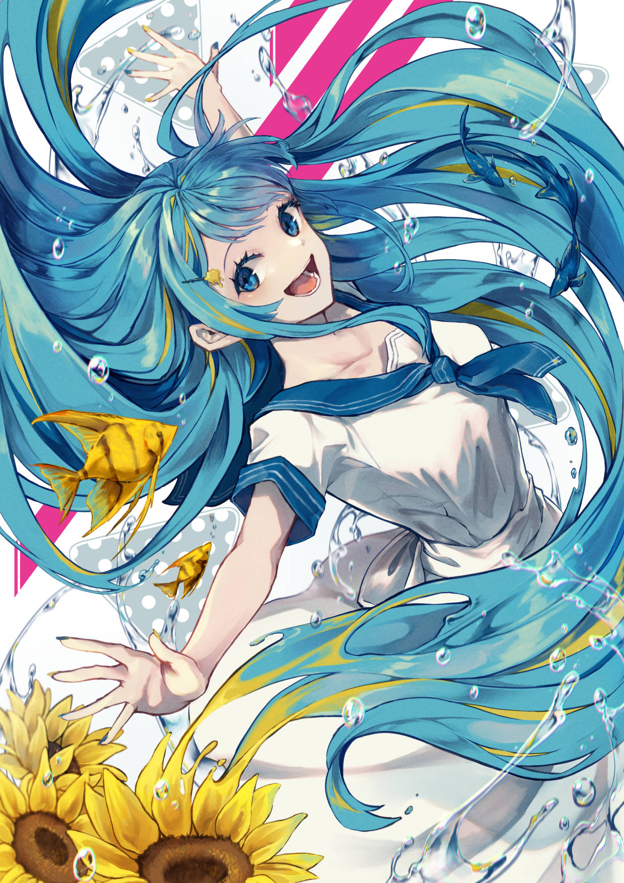 Anime 1240x1754 Canned Rose looking at viewer portrait display flowers two tone hair water drops open mouth open arms short sleeves long hair smiling yellow flowers sunflowers nail polish fish dress water