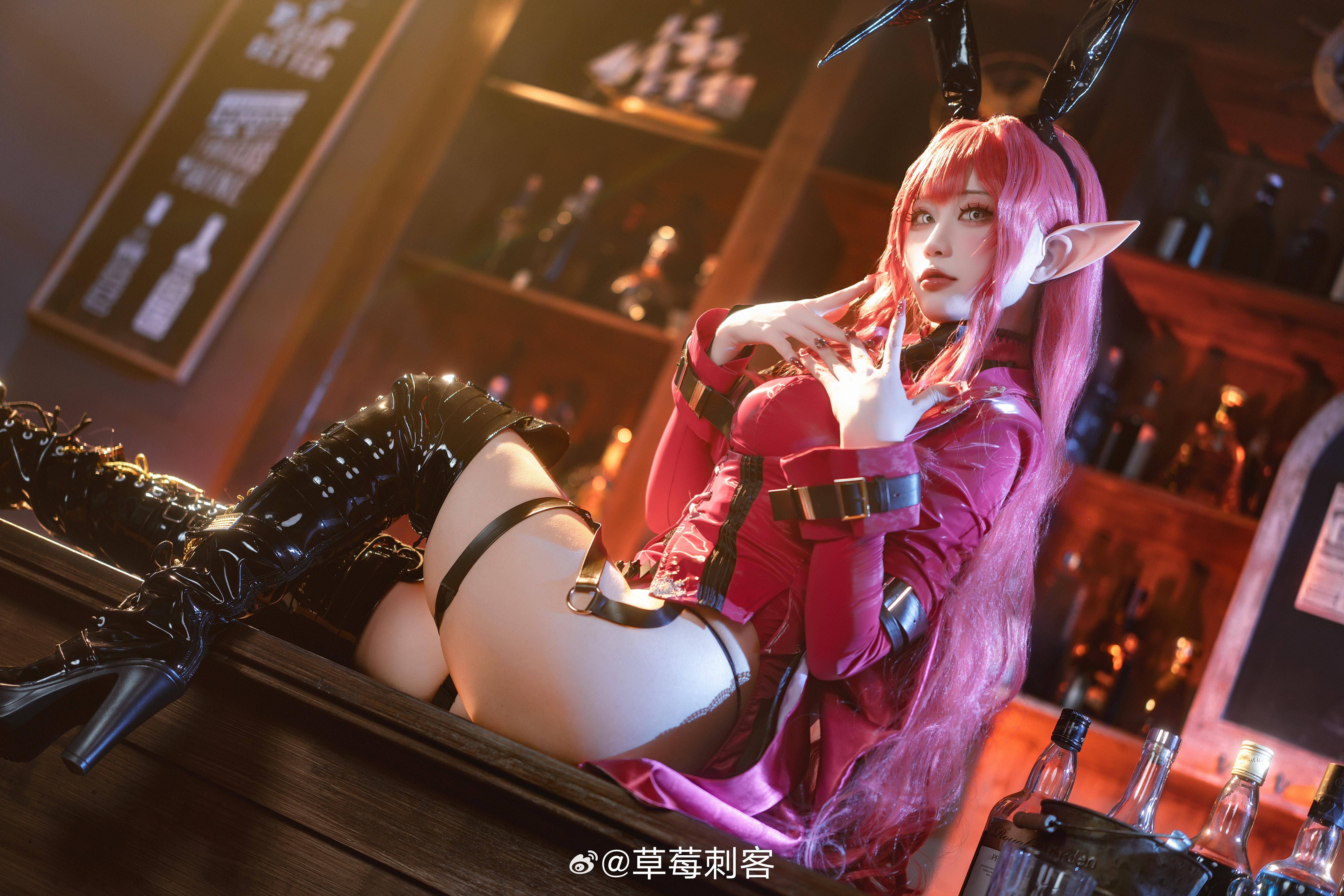People 6000x4000 Asian women cosplay piimy_cos looking at viewer sitting pointy ears watermarked black thigh highs kanji thigh-highs parted lips Baobhan Sith Fate series anime girls thighs thigh strap glass bottle