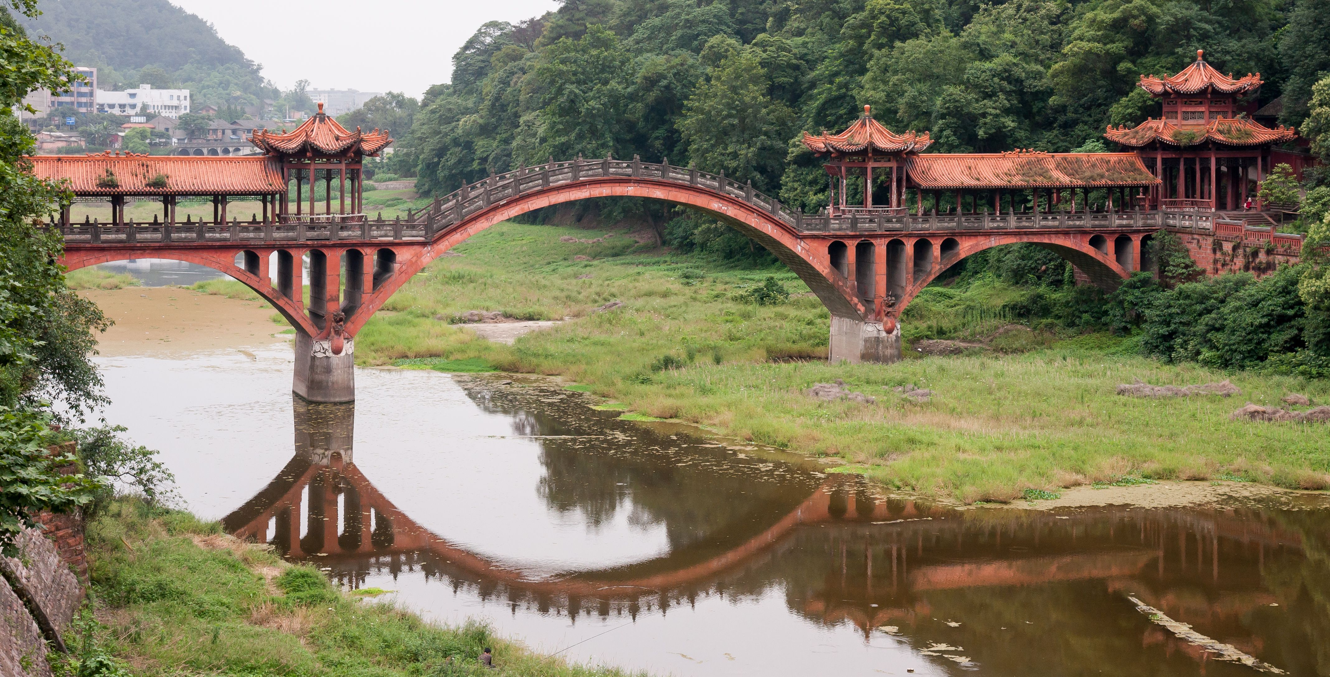 General 4271x2175 river pedestrian China Leshan bridge greenery mountains architecture bricks Chinese dragon