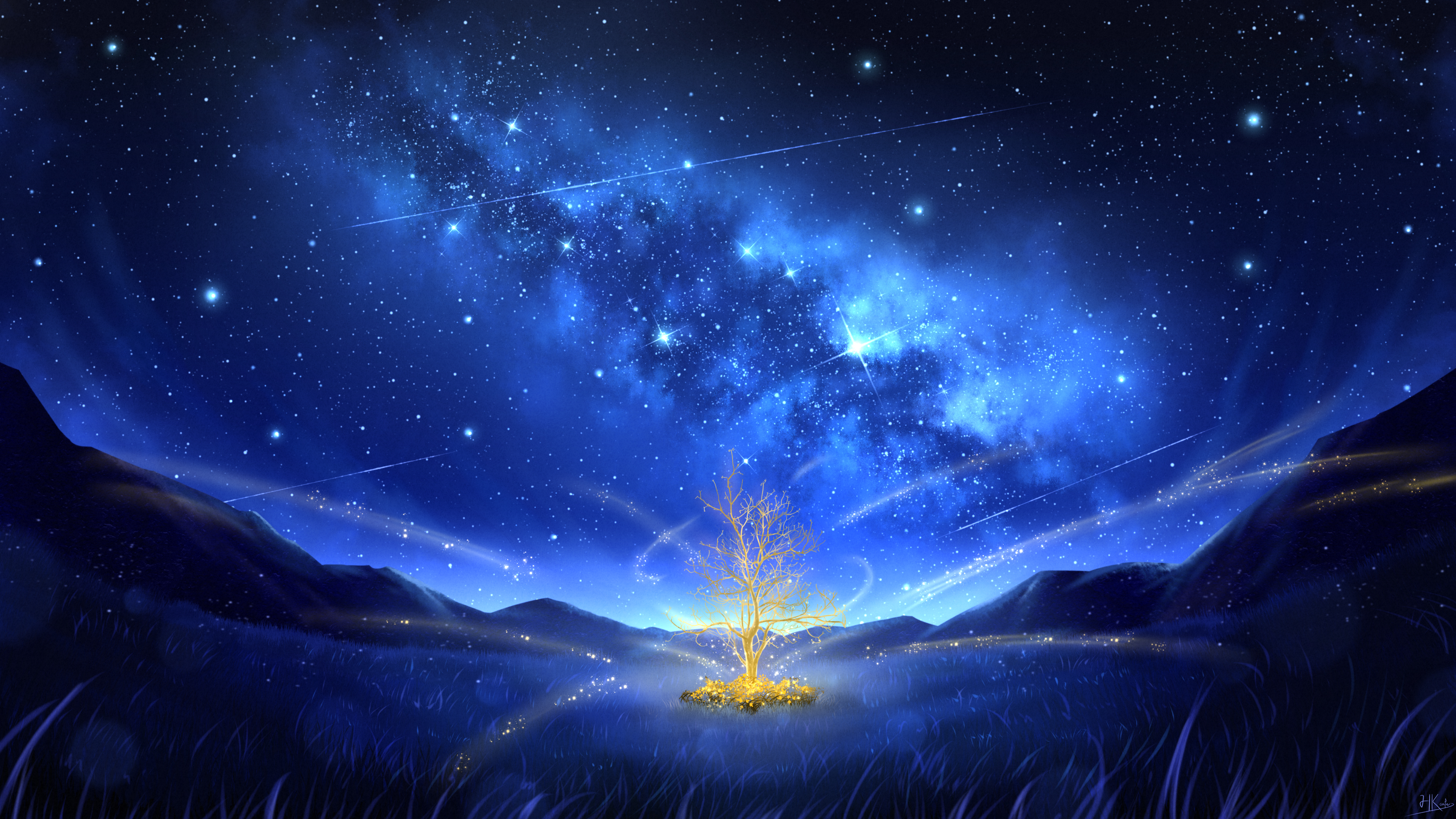 General 3840x2160 HKcutie digital art artwork illustration landscape nature night nightscape starred sky stars field trees 4K blue mountains signature shooting stars