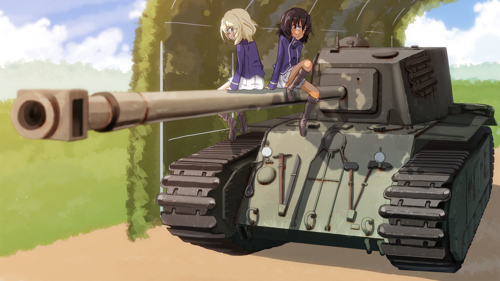 Anime 2000x1125 Girls und Panzer anime girls multiple characters Andou (Girls und Panzer) Oshida (Girls und Panzer) dark skin military tank sitting skirt vest blonde black hair grass clouds white skirt miniskirt boots knee-high boots pleated skirt