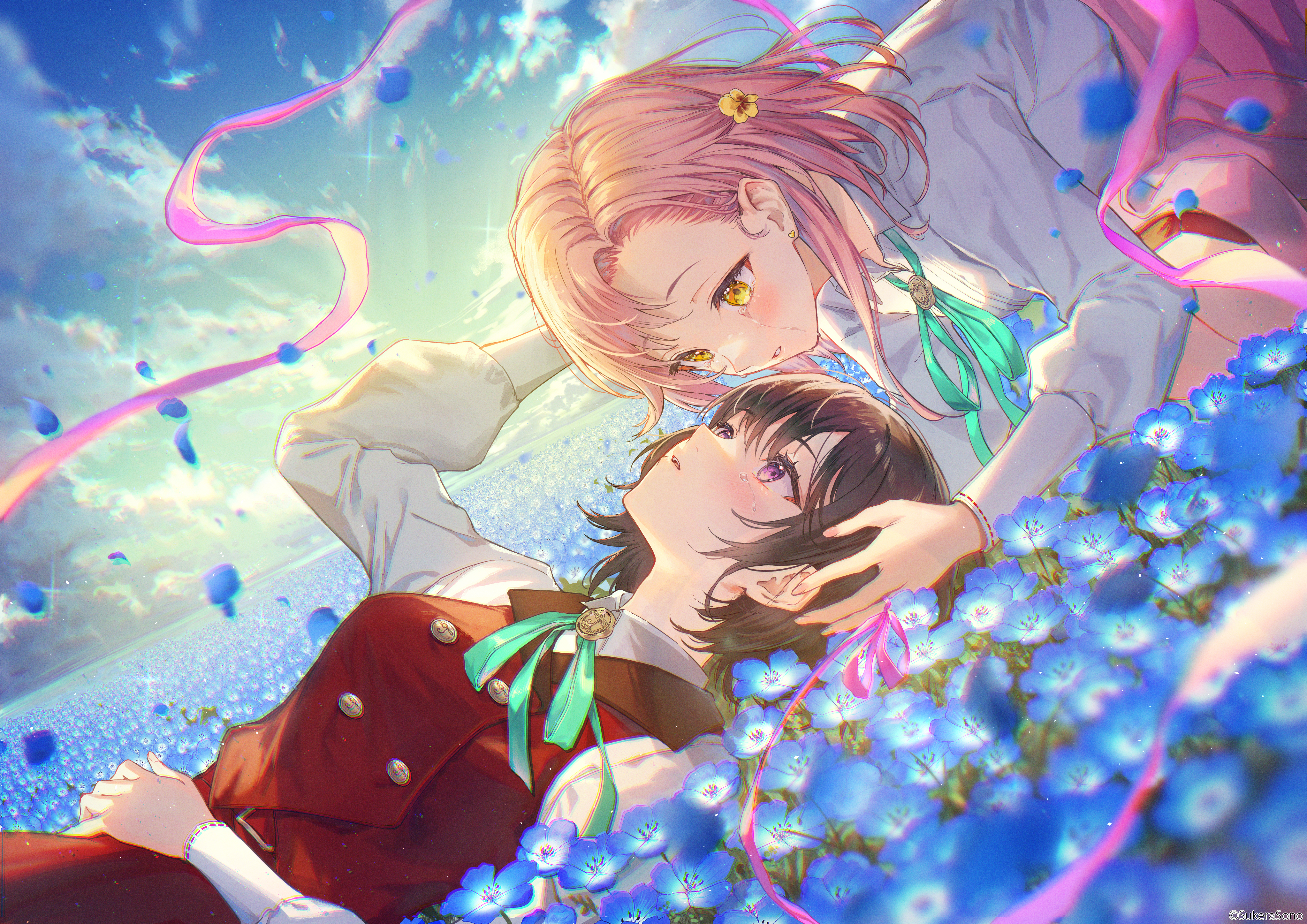 Anime 4093x2894 anime girls two women blue flowers blushing face to face parted lips hair ornament flowers women outdoors petals lying down lying on back school uniform short hair crying Haru grass sky clouds tears pink ribbon schoolgirl