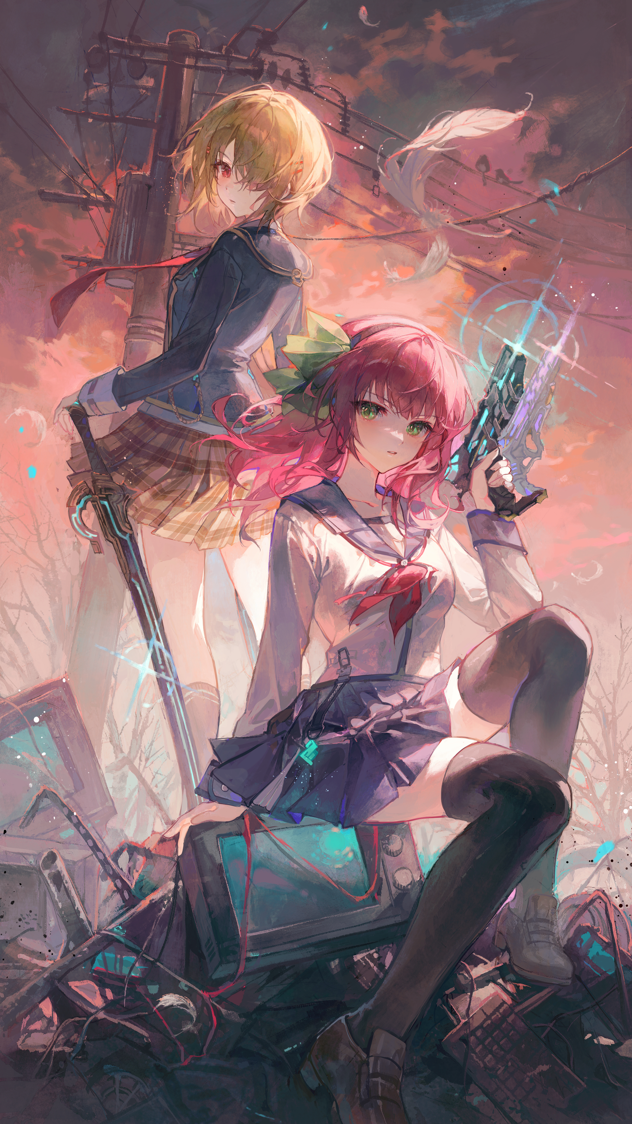 Anime 2160x3840 anime anime girls portrait display sitting Angel Beats! long hair Heaven Burns Red clouds Nakamura Yuri weapon Kayamori Ruka standing black thigh highs skirt hair blowing in the wind Maccha girls with guns long sleeves thigh-highs sword women with swords looking at viewer blonde hair over one eye sky pink hair green eyes collarbone strings messy power lines junkyard closed mouth TV shoes loafer wind