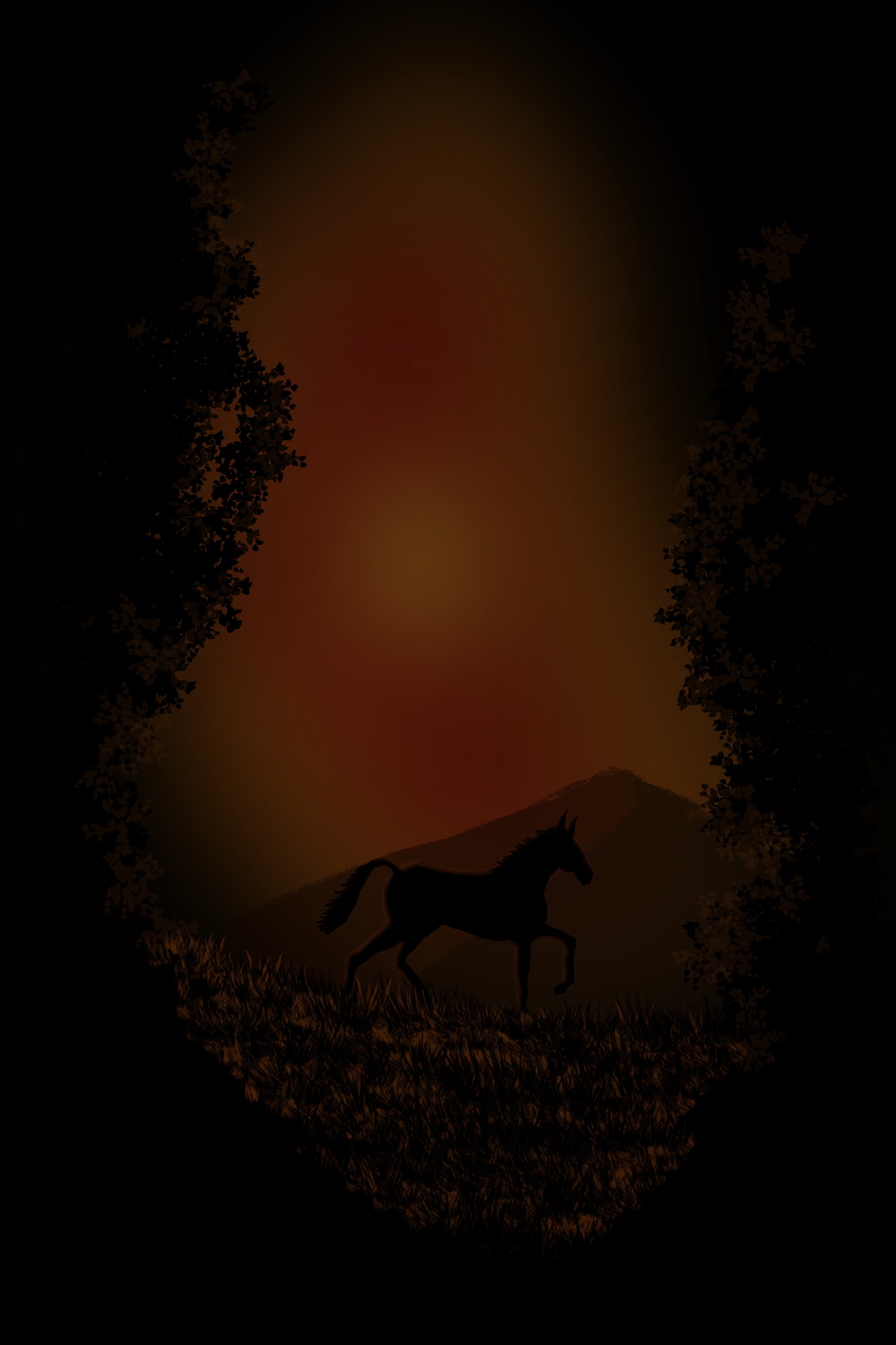 General 2000x3000 horse forest mountains sunset trees Sun