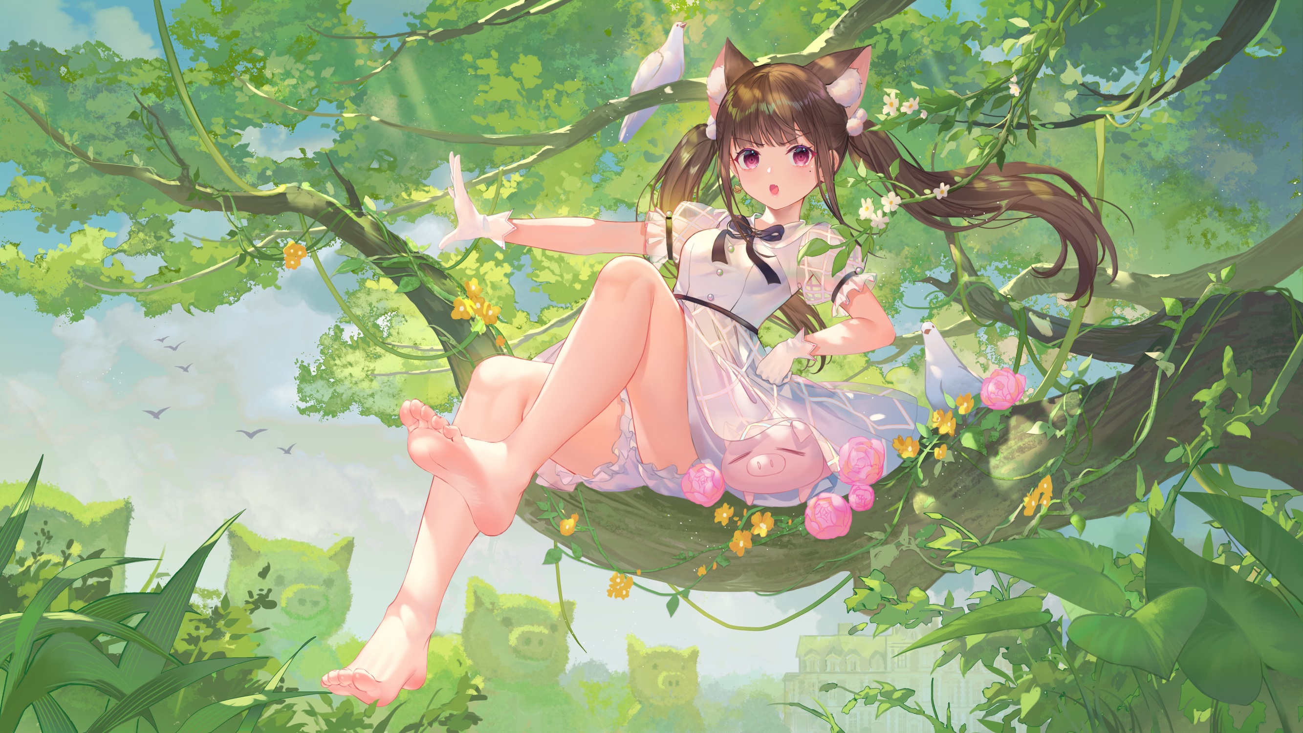 Anime 2666x1500 anime girls feet leaves trees foot sole twintails gloves brunette flowers Atdan