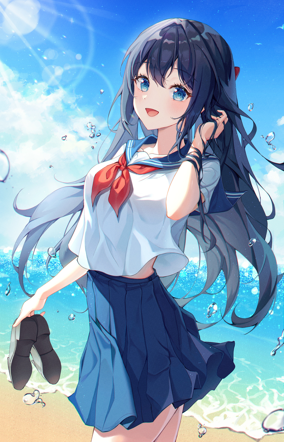 Anime 1160x1800 anime girls beach school uniform schoolgirl portrait display blue eyes water blue hair
