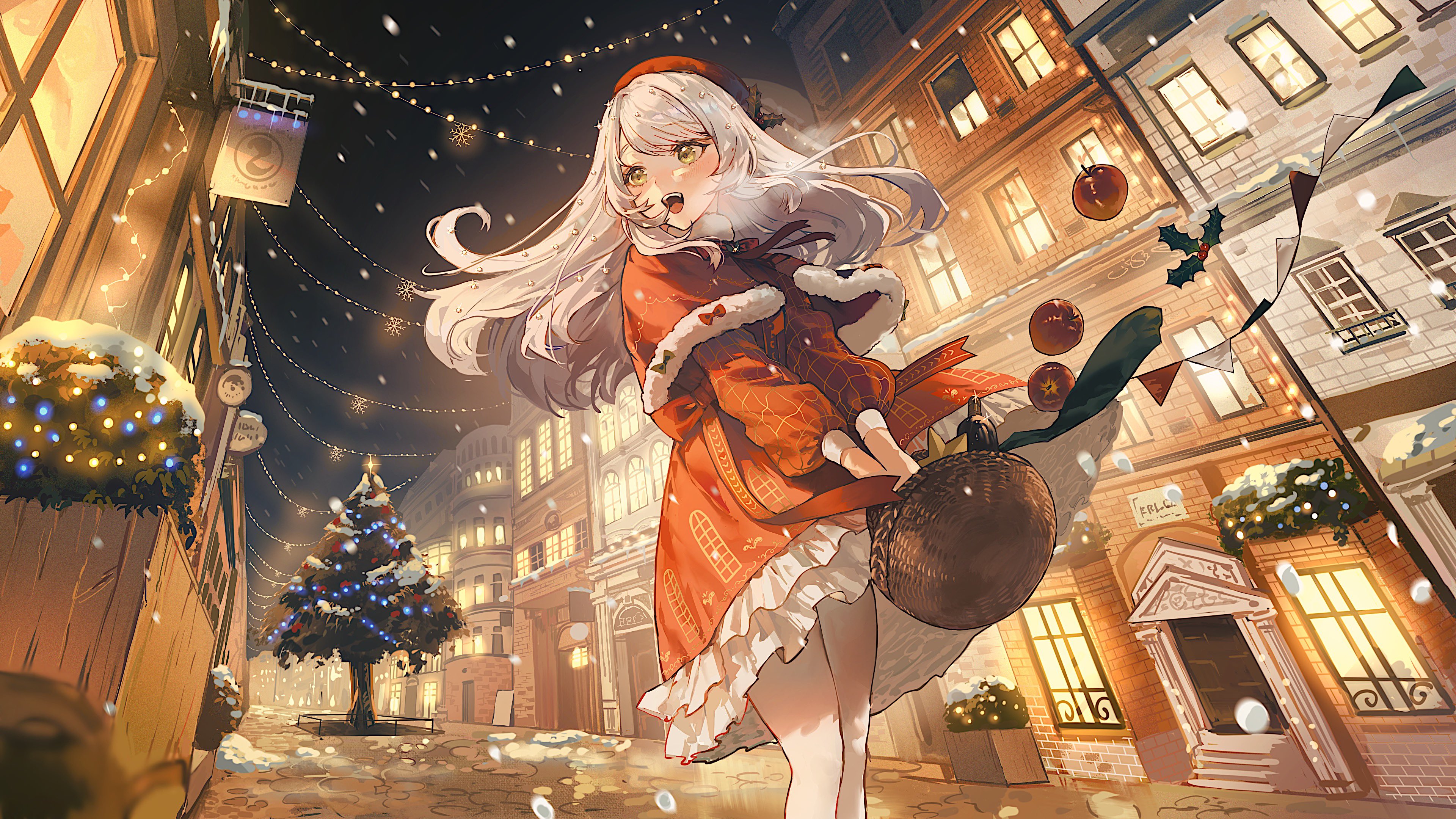 Anime 3840x2160 white hair Christmas clothes yellow eyes Christmas tree low-angle anime girls snow Christmas apples