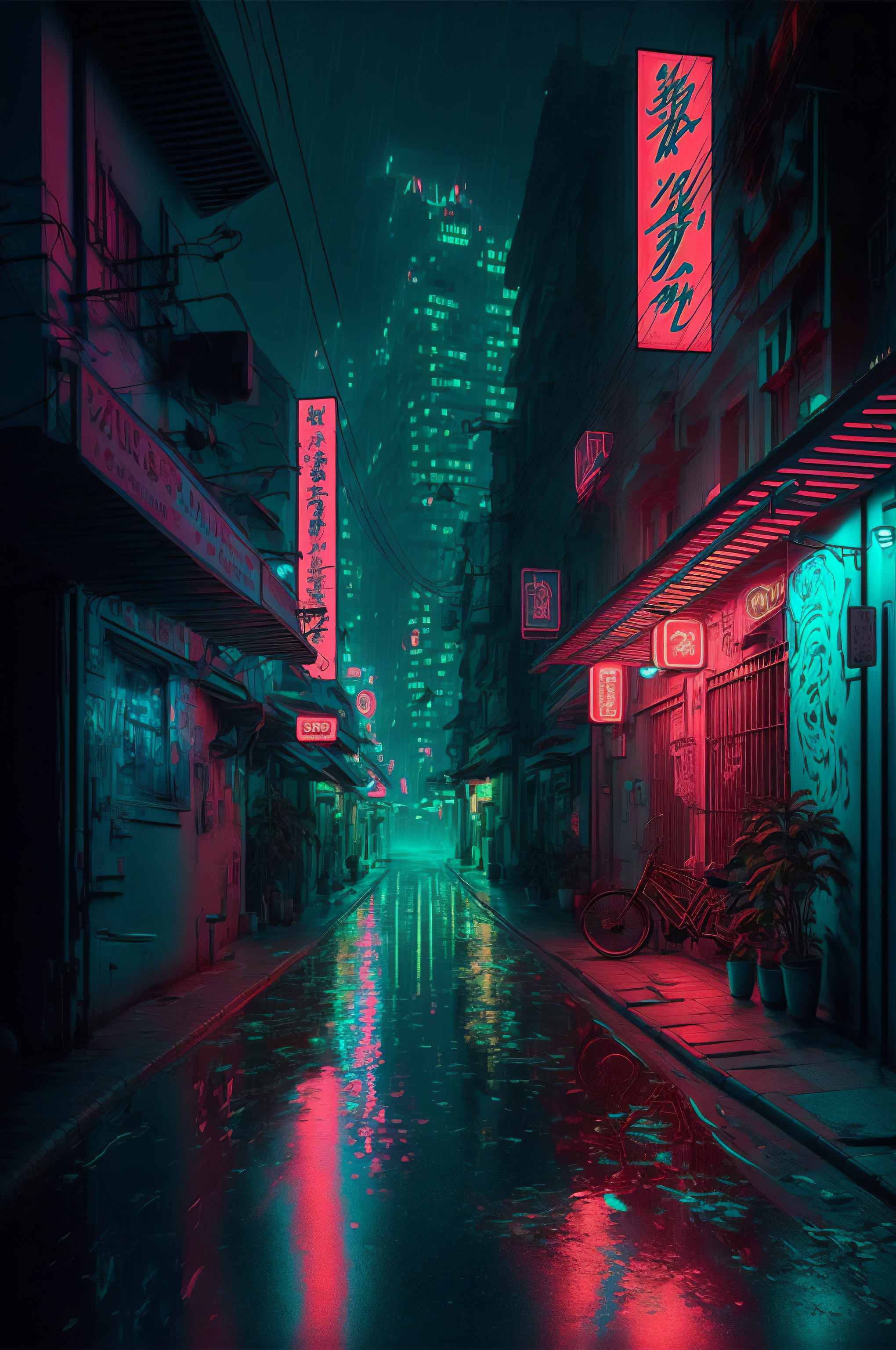 General 2040x3072 AI art cyberpunk city rain neon street city lights
