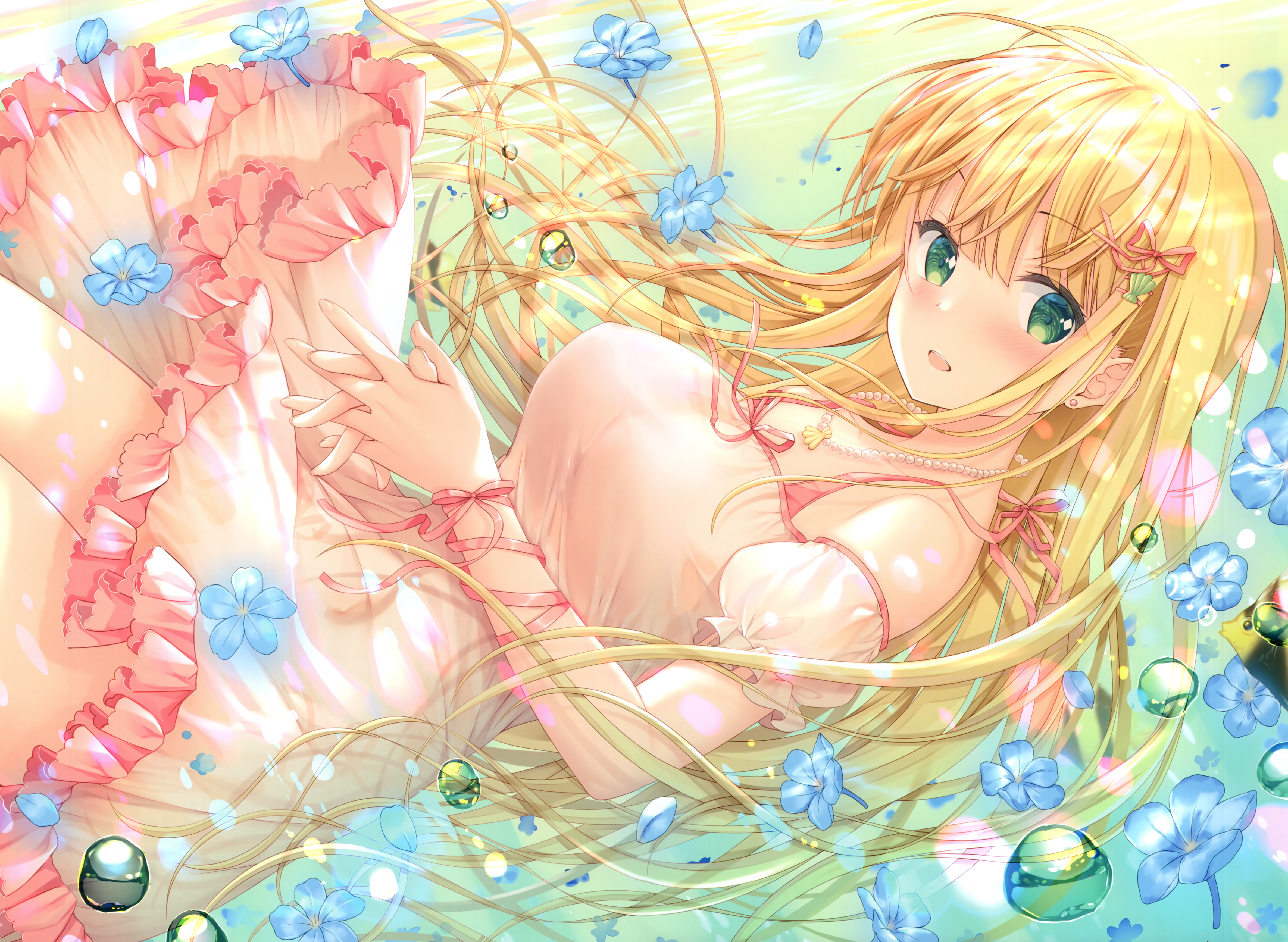 Anime 4740x3467 anime anime girls blonde green eyes flowers water drops