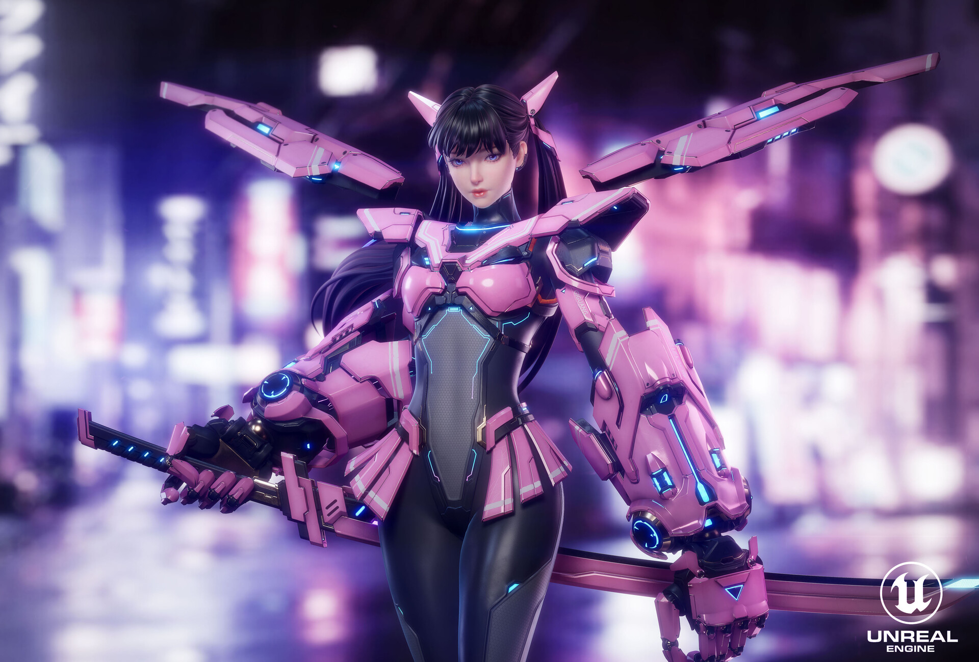 General 1920x1299 JiaNan CGI women cyberpunk bodysuit black clothing dark hair pink wings weapon fantasy girl mecha girls