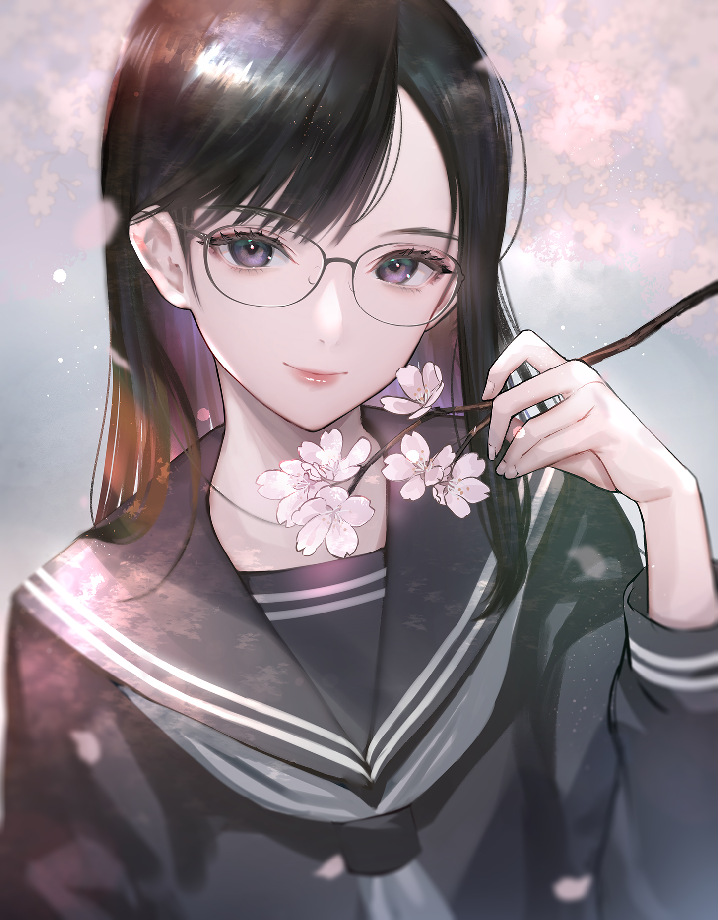Anime 1447x1855 Hitowa anime girls dark hair school uniform purple eyes frontal view flowers glasses petals smiling schoolgirl
