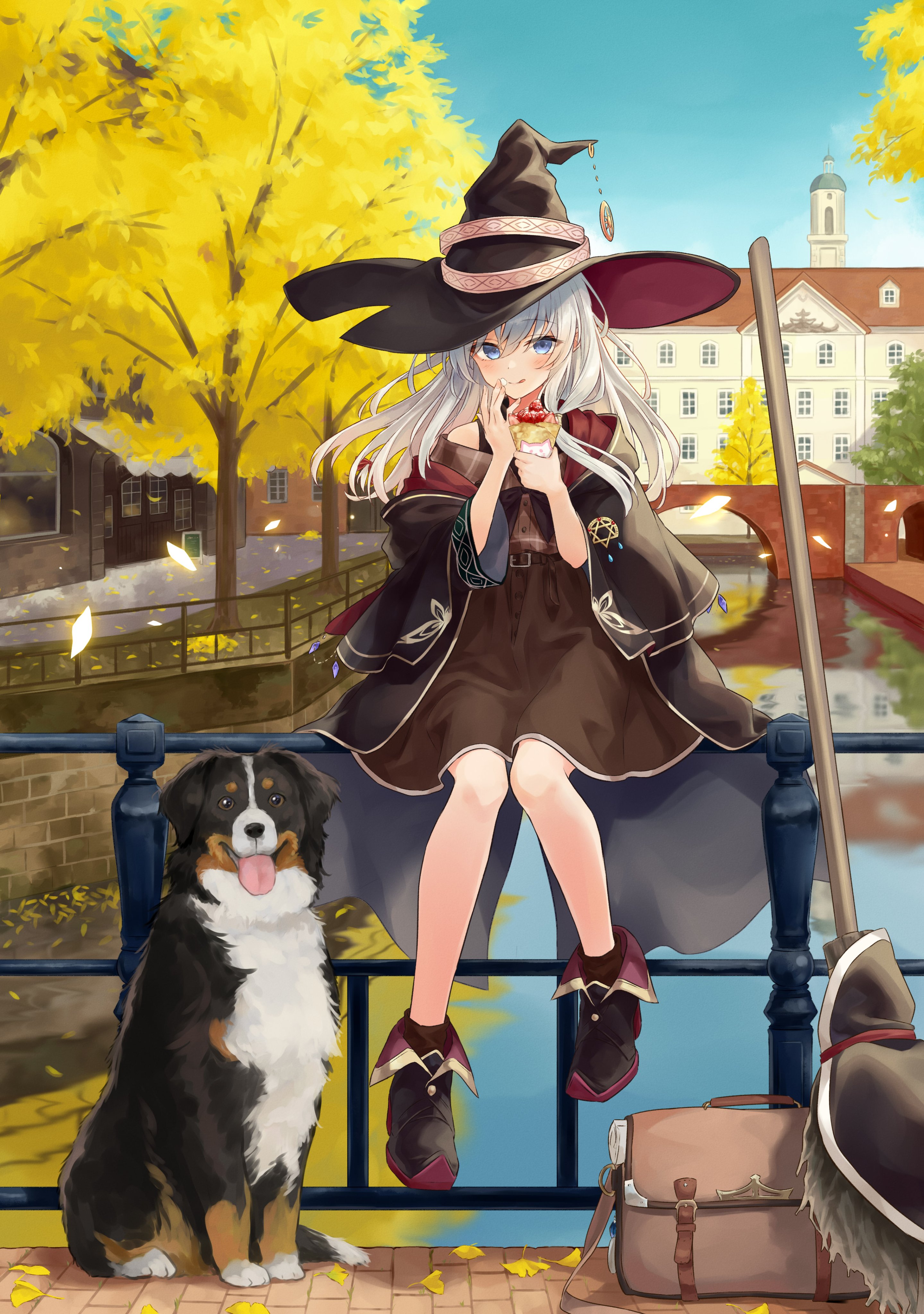 Anime 2880x4096 anime anime girls Majo no Tabitabi Elaina (Majo no Tabitabi) anime girls eating food witch hat broom dog portrait display witch's broom frontal view witch costume sitting silver hair blue eyes