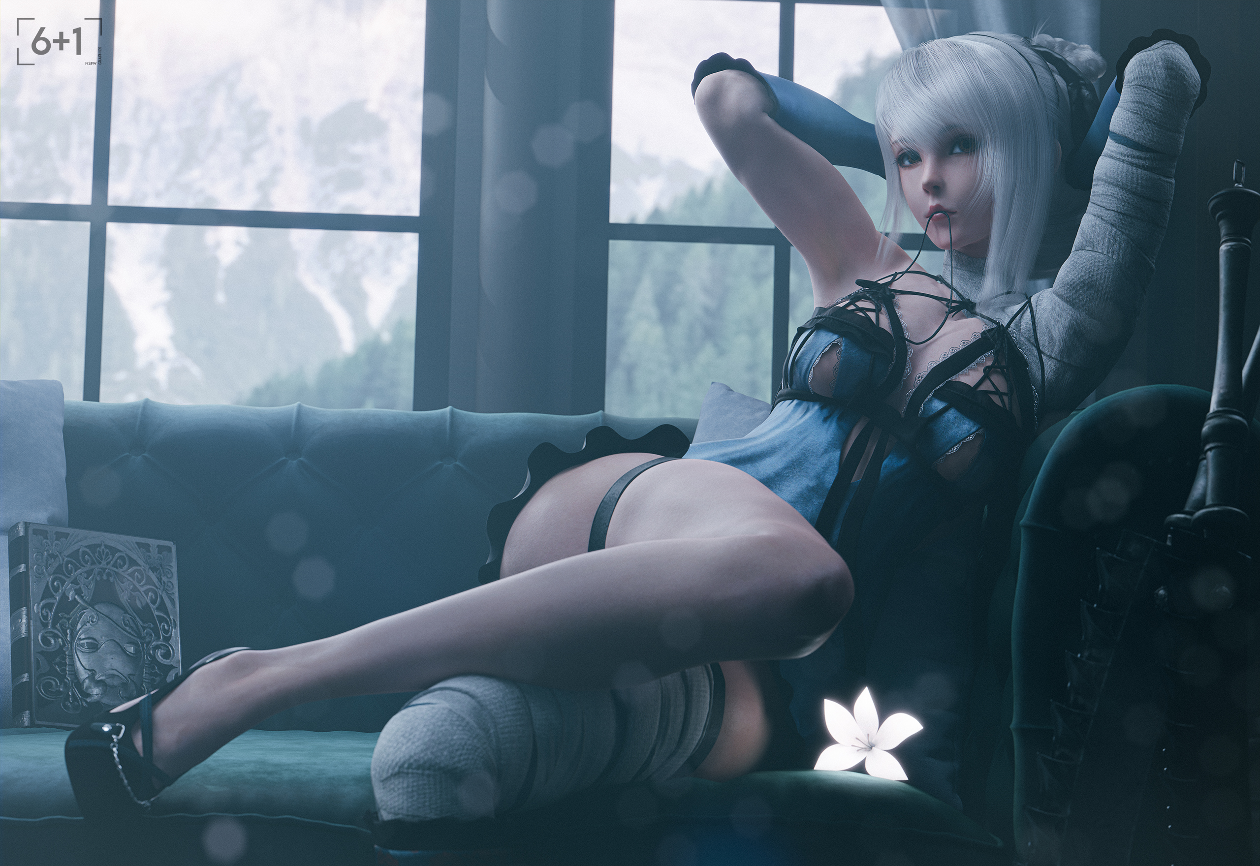 Anime 2560x1760 Kaine (NieR) Nier skimpy clothes glowing flower arms up Seven Graphics ass Skindentation bandages white hair women