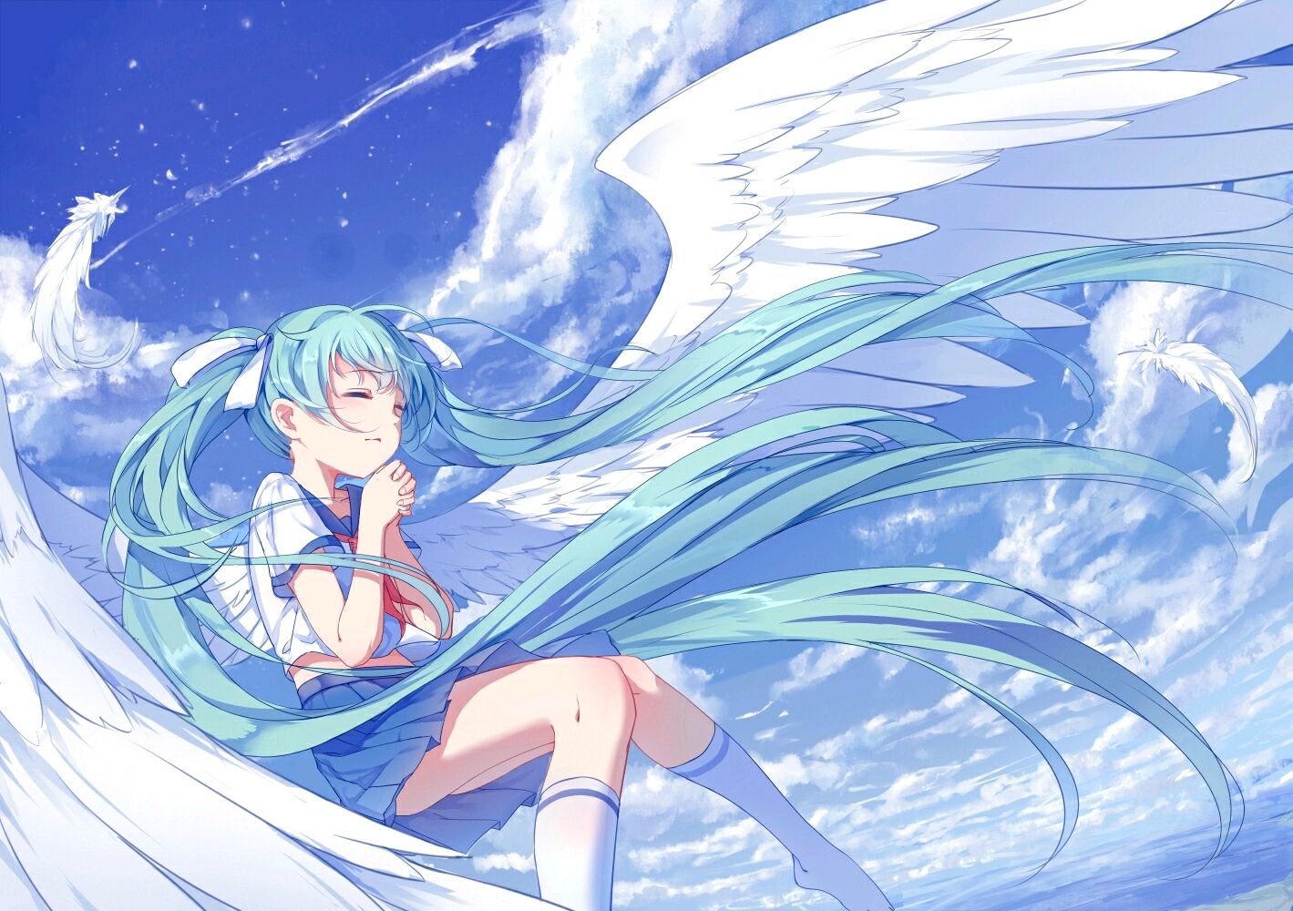 Anime 1419x1000 Hatsune Miku anime girls Vocaloid closed eyes wings school uniform clouds sky long hair twintails blue hair feathers angel wings