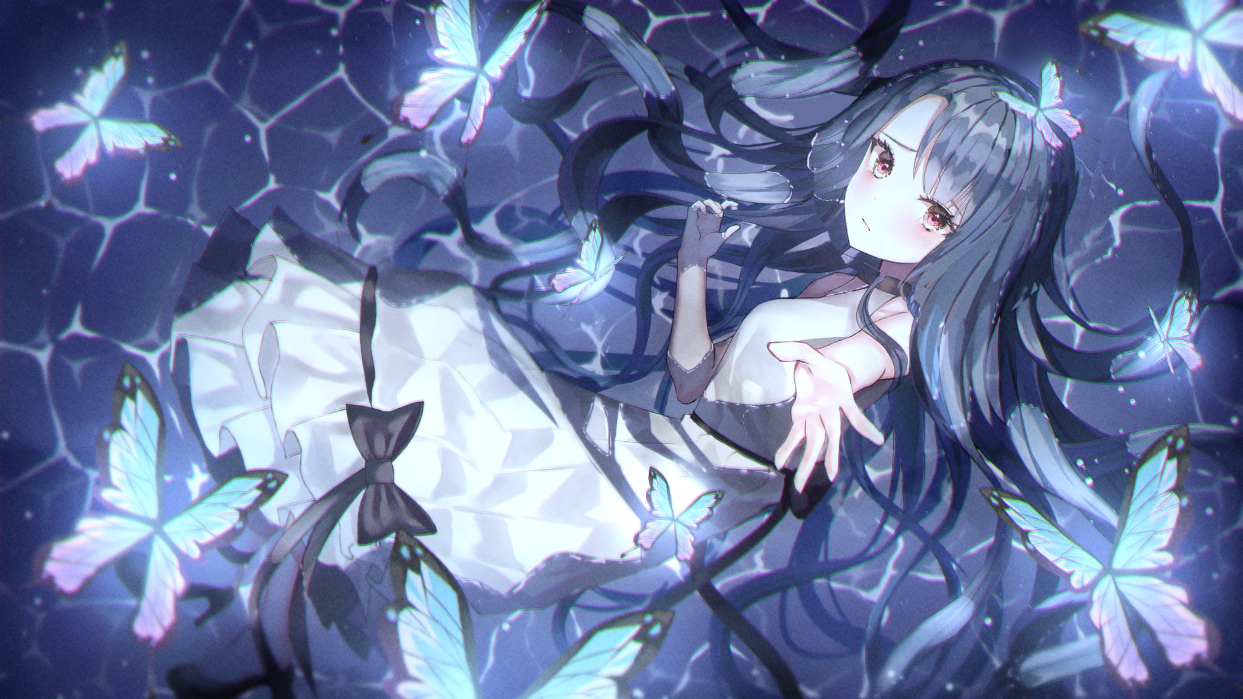 Anime 2560x1440 anime girls water butterfly arms reaching