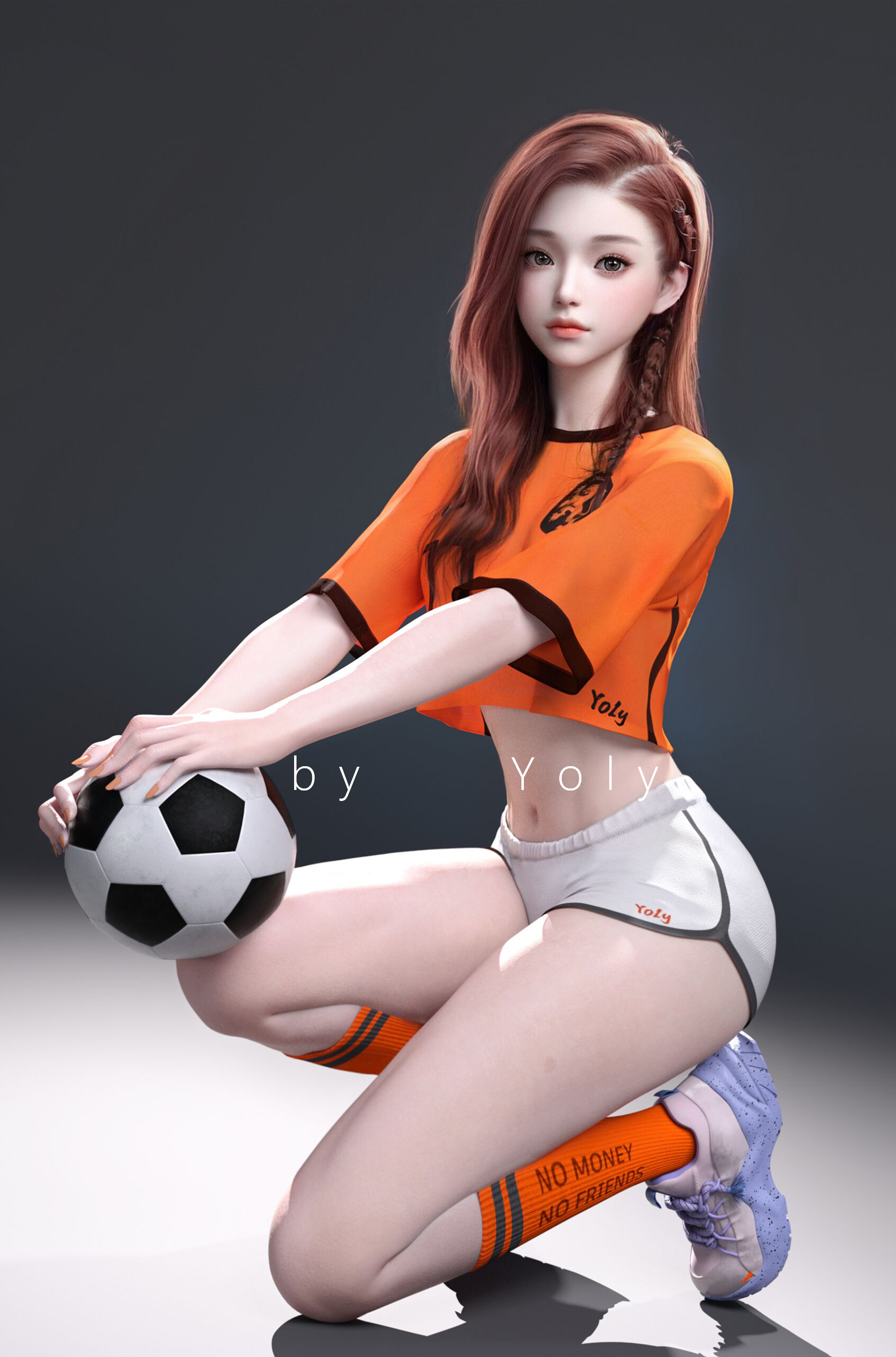 General 1700x2575 Yoly Netherlands soccer soccer girls soccer player Football  white bodysuit Asian CGI digital art artwork model portrait display short shorts